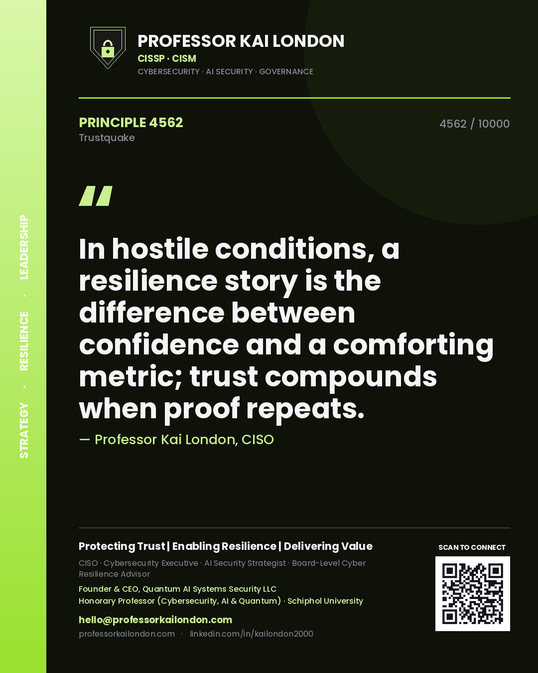 Quote card by Professor Kai London reading 'In hostile conditions, a resilience story is the difference between confidence and a comforting metric; trust compounds when proof repeats.'. From the book Trustquake.