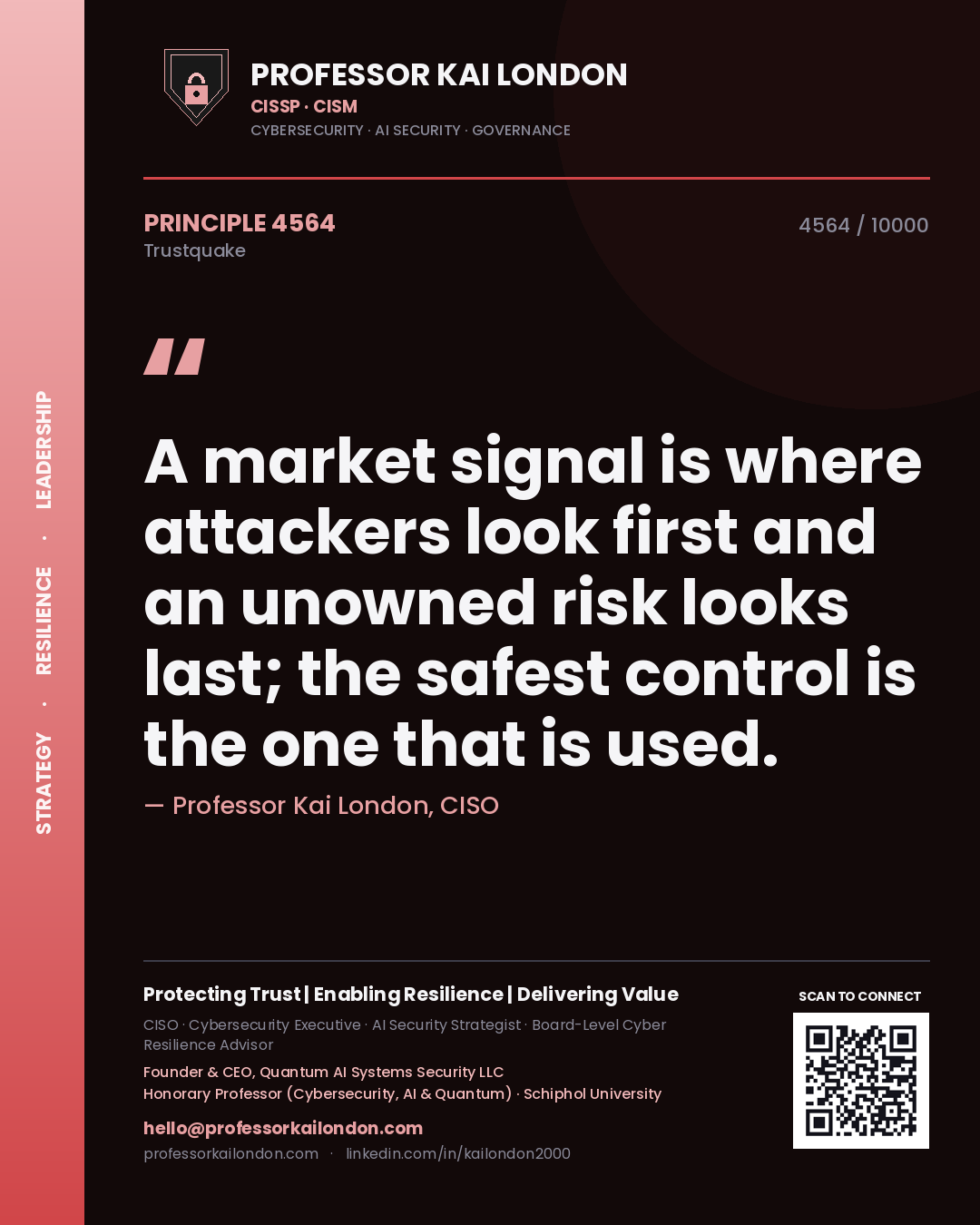 Professor Kai London principle 4564: A market signal is where attackers look first and an unowned risk looks last; the safest control is the one that is used.