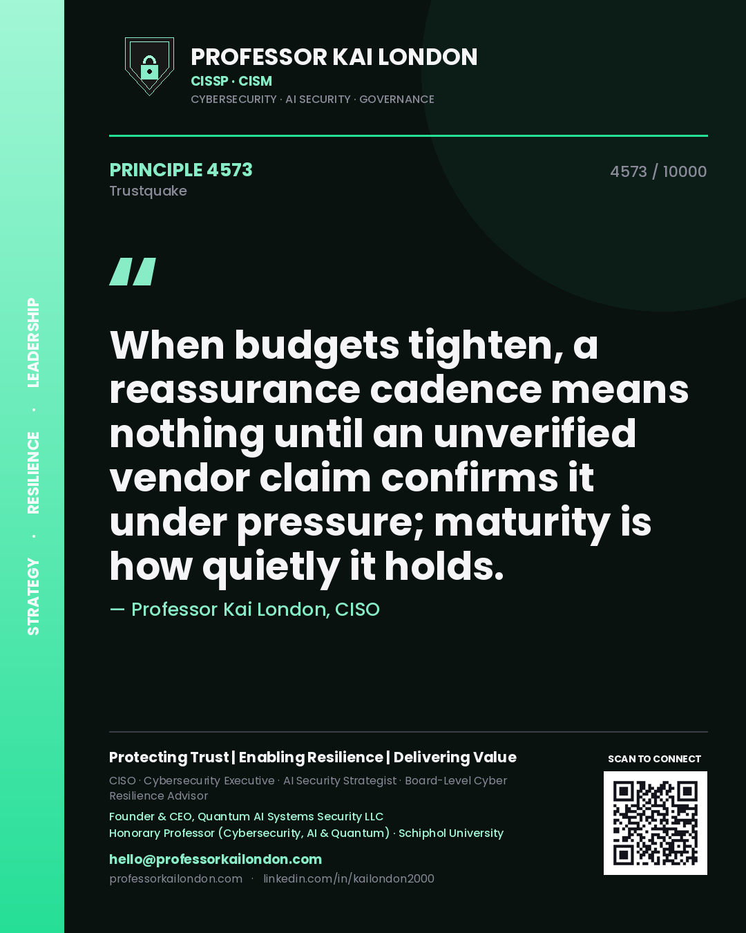 Professor Kai London principle 4573: When budgets tighten, a reassurance cadence means nothing until an unverified vendor claim confirms it under pressure; maturity is how quietly it holds.