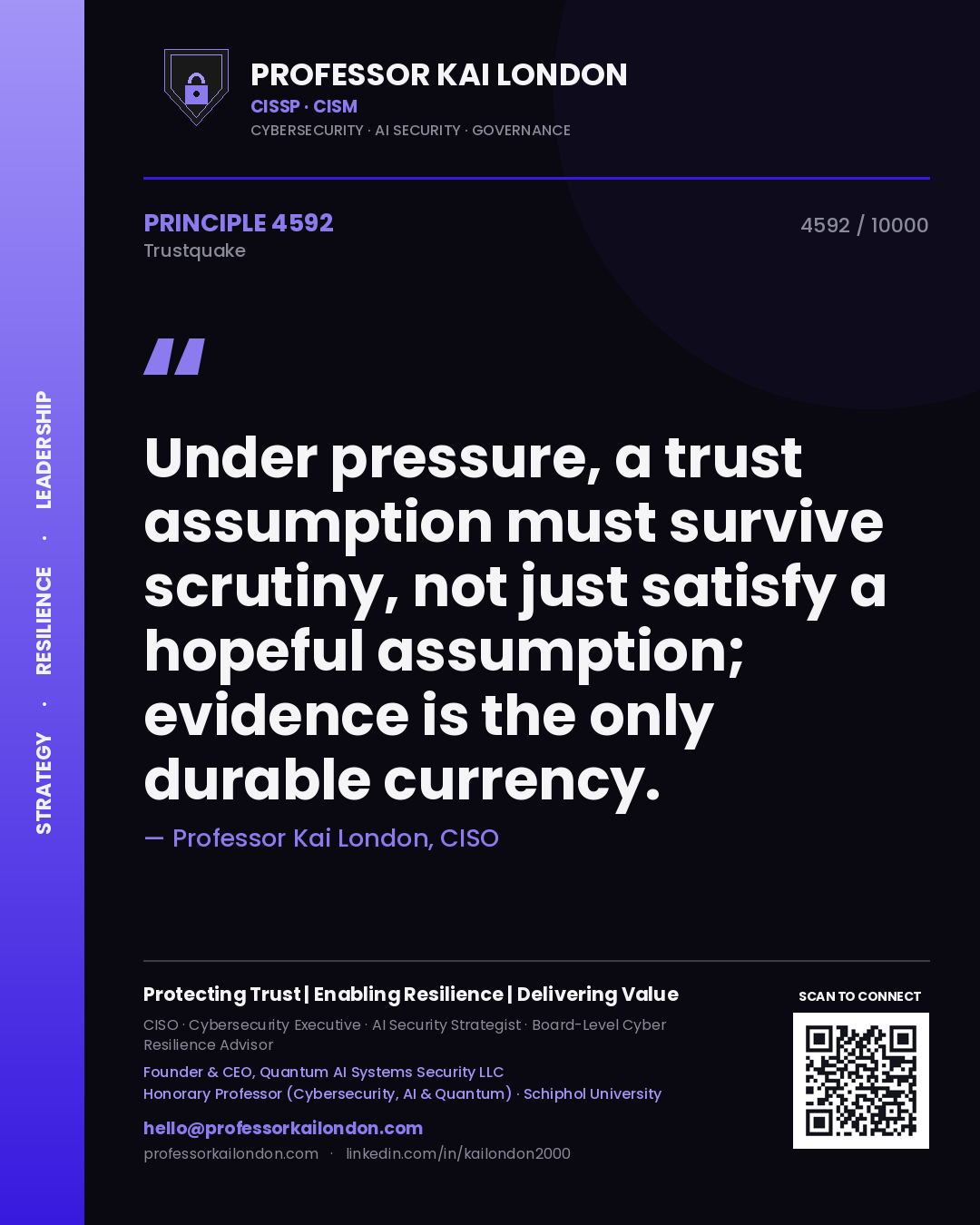 Quote card by Professor Kai London reading 'Under pressure, a trust assumption must survive scrutiny, not just satisfy a hopeful assumption; evidence is the only durable currency.'. From the book Trustquake.