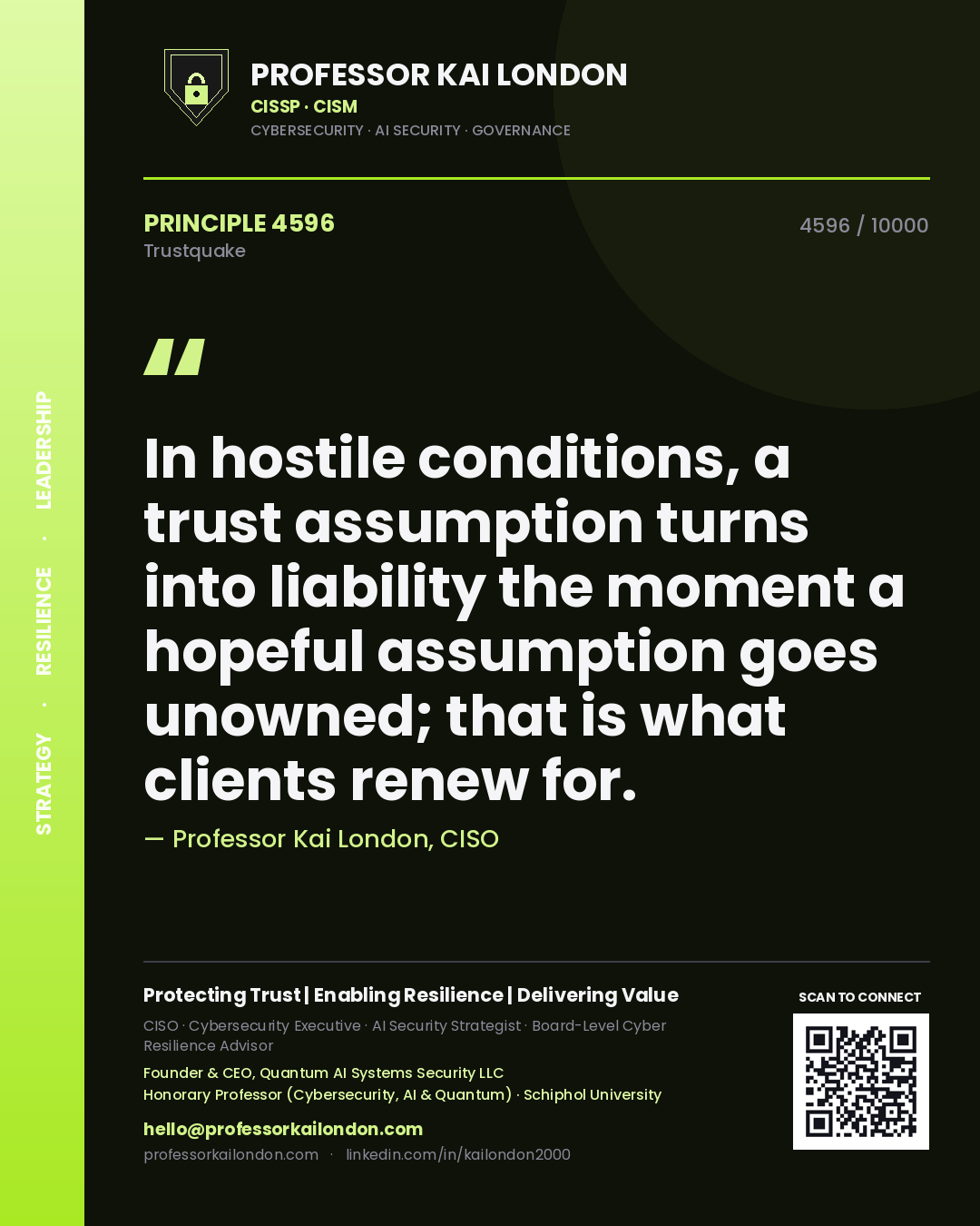 Professor Kai London principle 4596: In hostile conditions, a trust assumption turns into liability the moment a hopeful assumption goes unowned; that is what clients renew for.