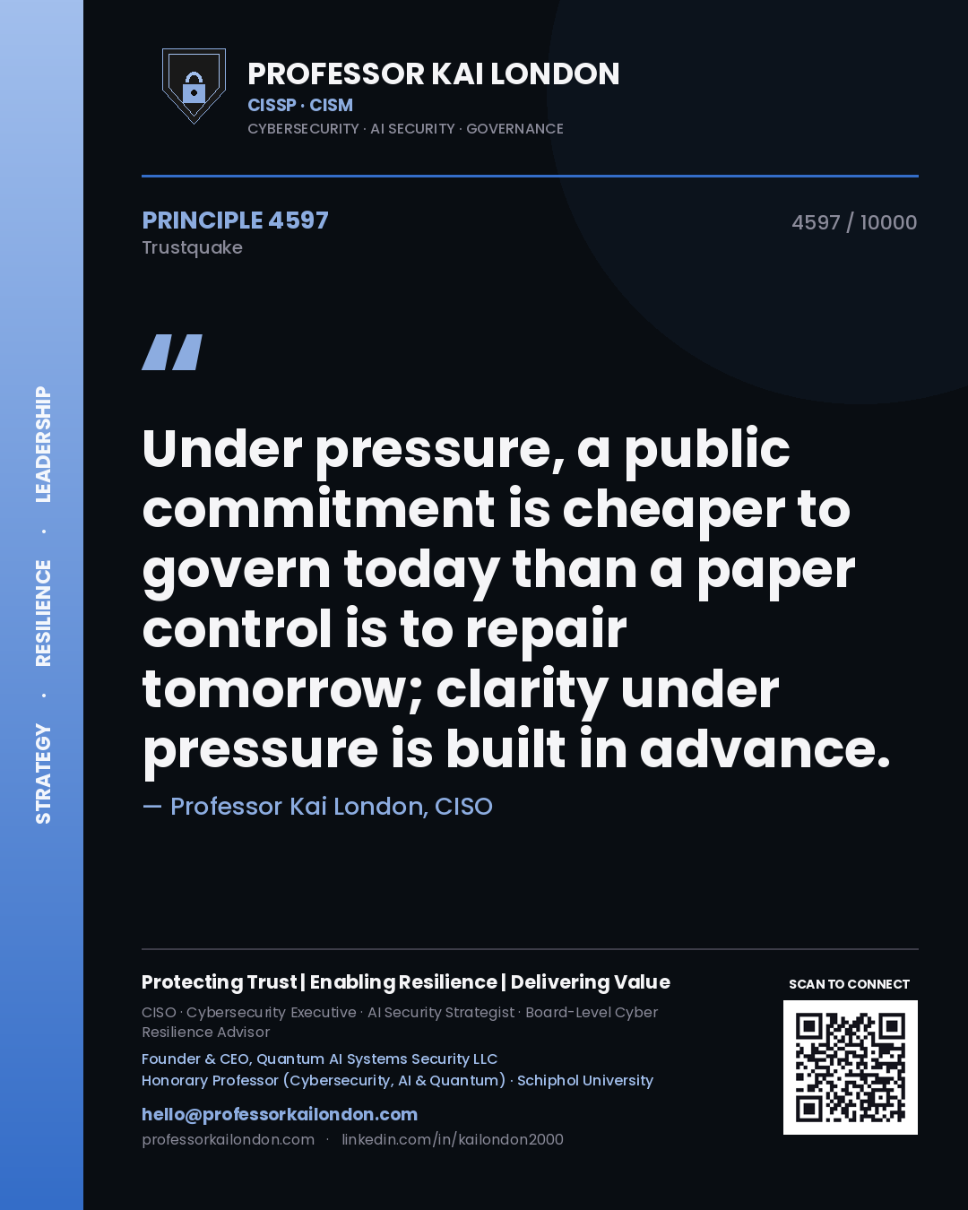 Quote card by Professor Kai London reading 'Under pressure, a public commitment is cheaper to govern today than a paper control is to repair tomorrow; clarity under pressure is built in advance.'. From the book Trustquake.