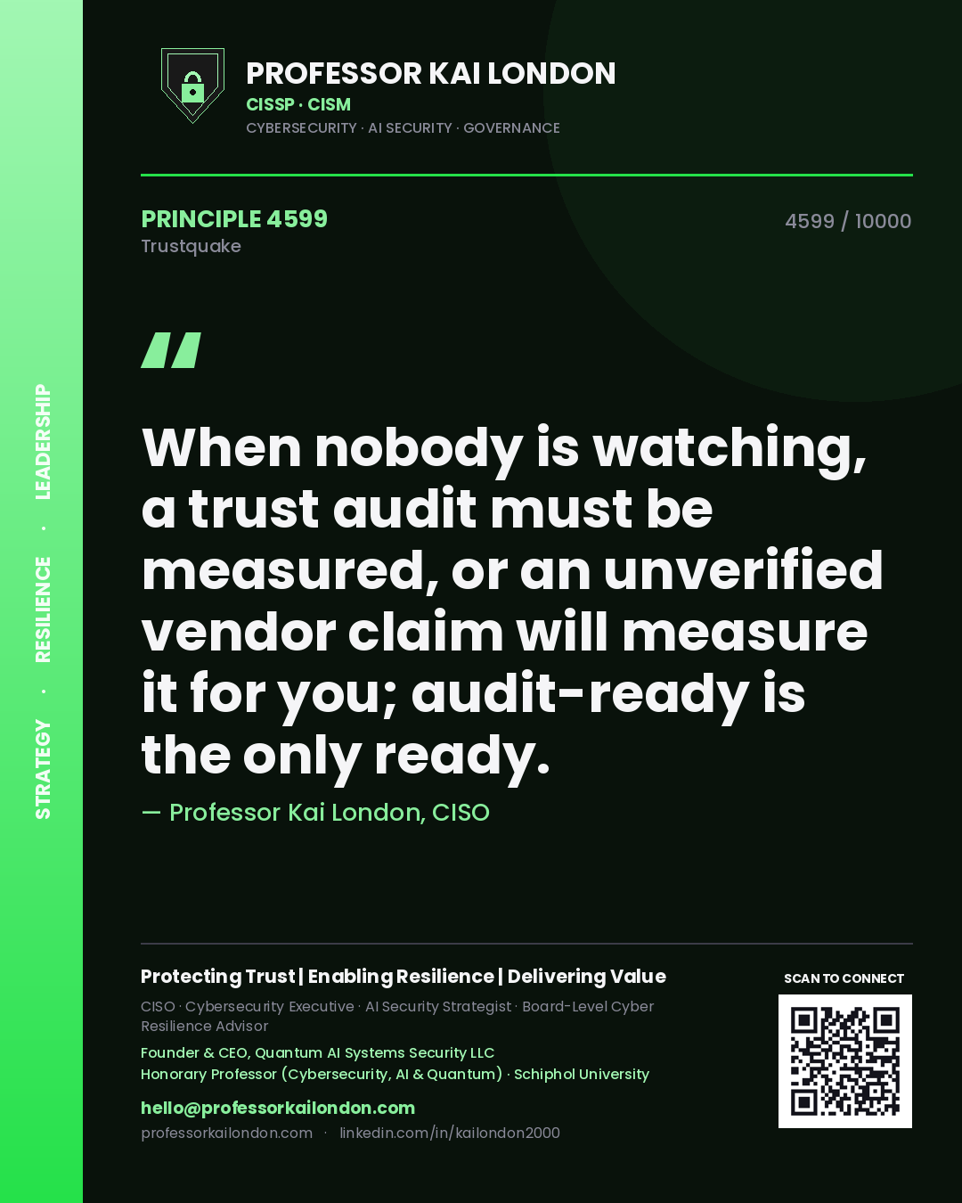 Professor Kai London principle 4599: When nobody is watching, a trust audit must be measured, or an unverified vendor claim will measure it for you; audit-ready is the only ready.