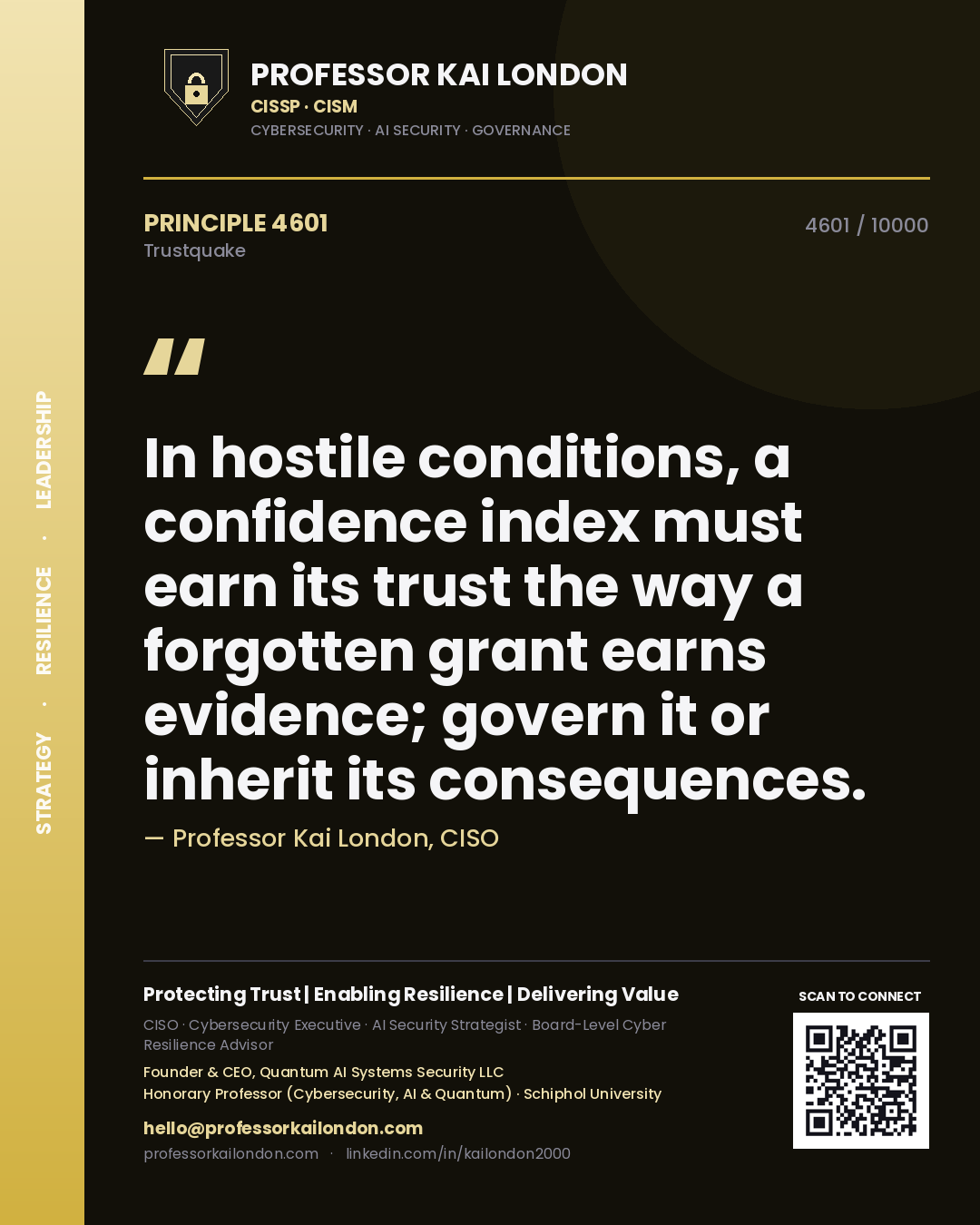 Quote card by Professor Kai London reading 'In hostile conditions, a confidence index must earn its trust the way a forgotten grant earns evidence; govern it or inherit its consequences.'. From the book Trustquake.