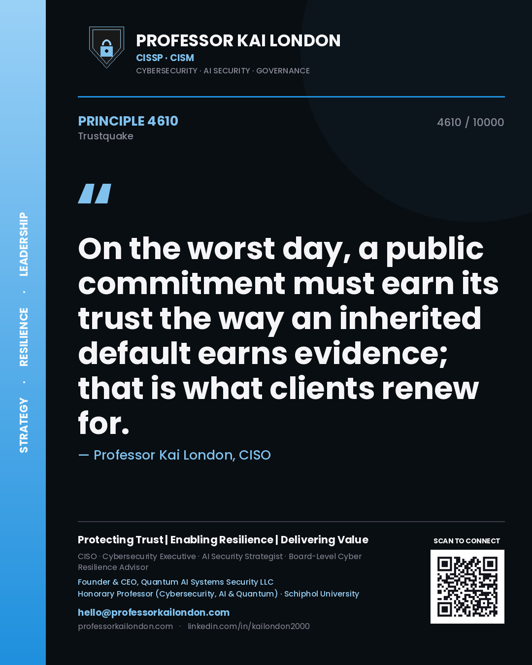 Professor Kai London principle 4610: On the worst day, a public commitment must earn its trust the way an inherited default earns evidence; that is what clients renew for.