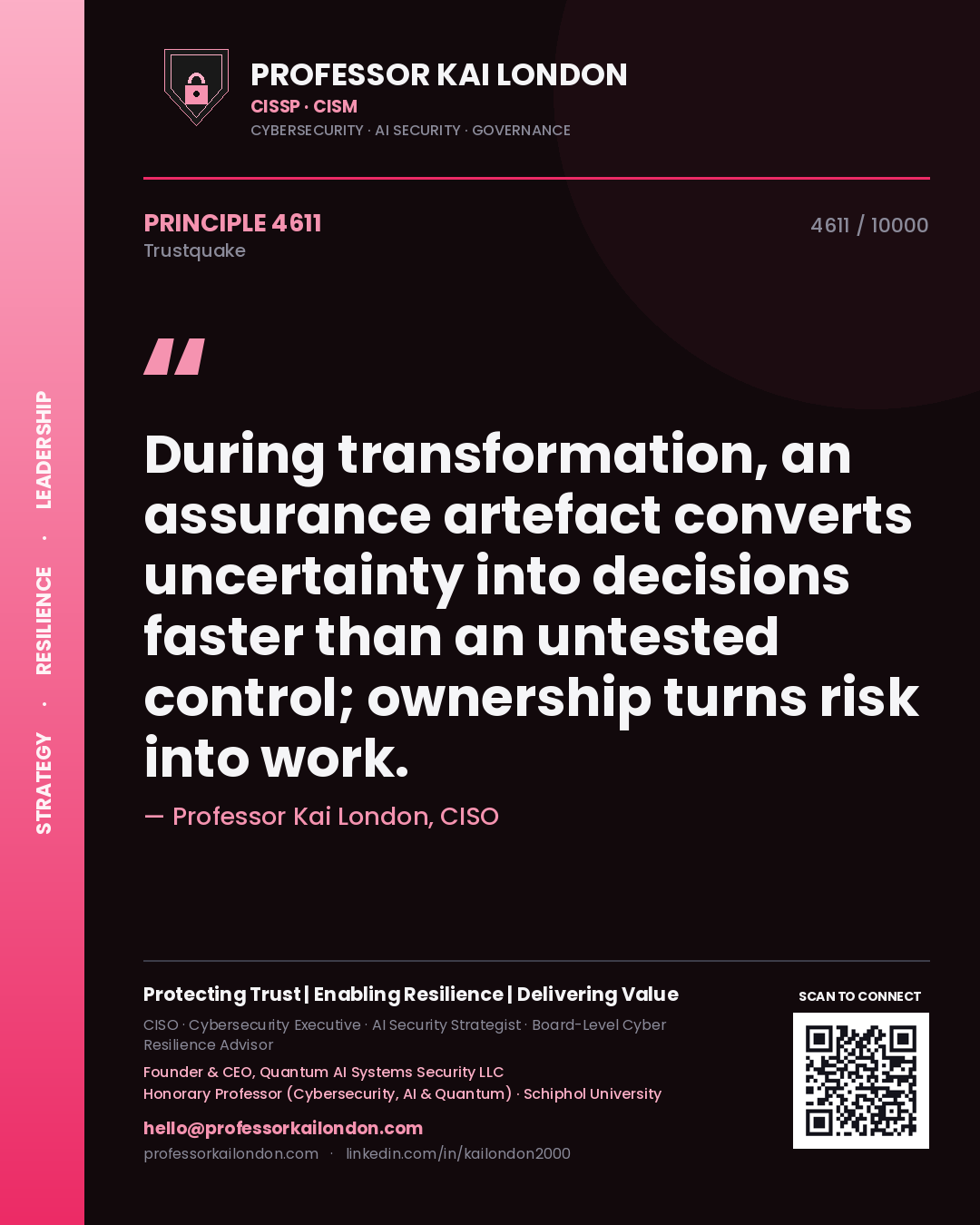 Quote card by Professor Kai London reading 'During transformation, an assurance artefact converts uncertainty into decisions faster than an untested control; ownership turns risk into work.'. From the book Trustquake.