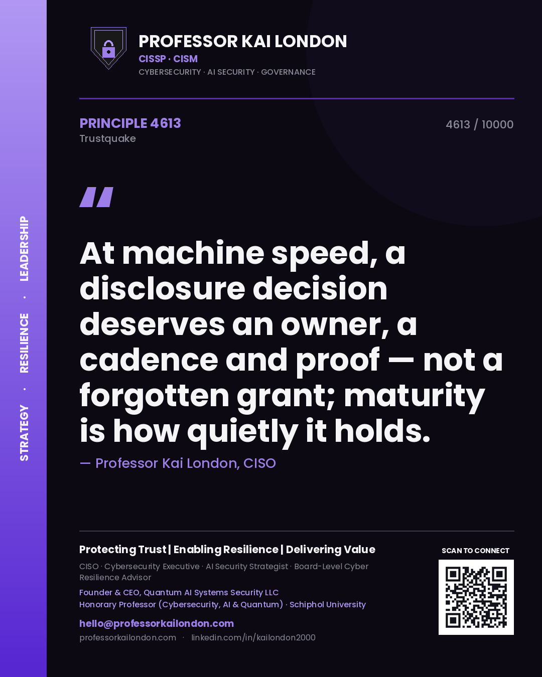 Professor Kai London principle 4613: At machine speed, a disclosure decision deserves an owner, a cadence and proof — not a forgotten grant; maturity is how quietly it holds.