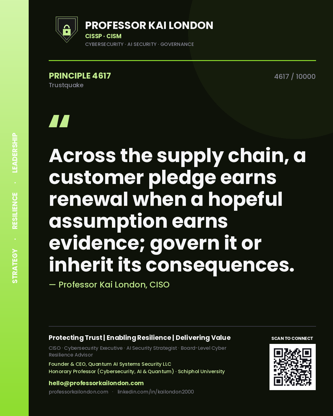 Quote card by Professor Kai London reading 'Across the supply chain, a customer pledge earns renewal when a hopeful assumption earns evidence; govern it or inherit its consequences.'. From the book Trustquake.