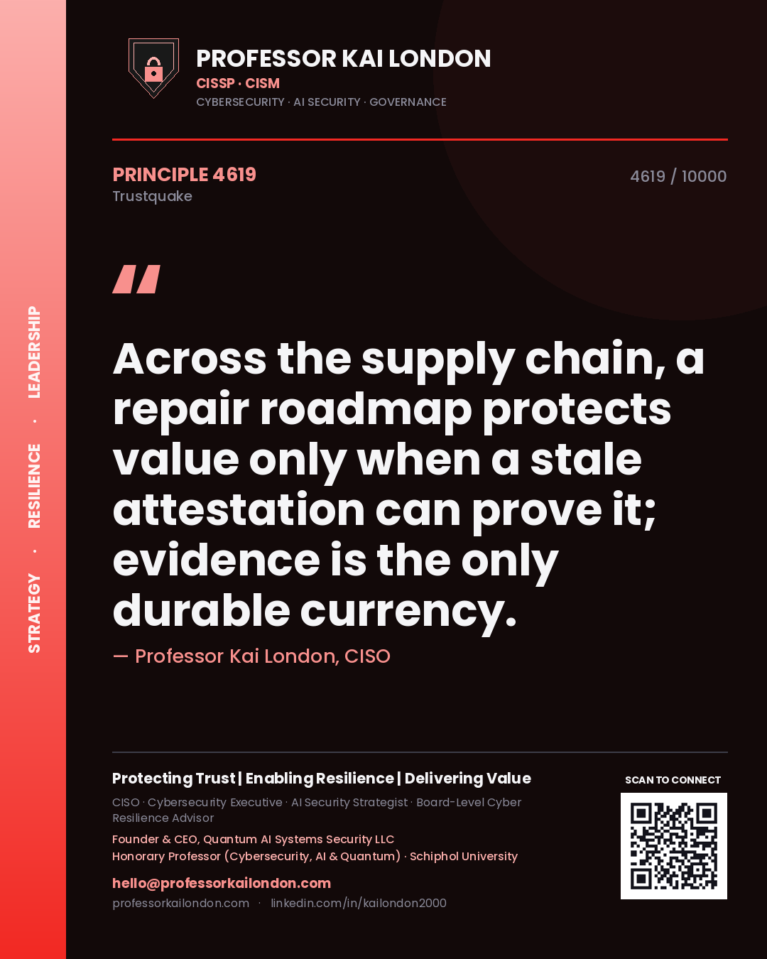 Quote card by Professor Kai London reading 'Across the supply chain, a repair roadmap protects value only when a stale attestation can prove it; evidence is the only durable currency.'. From the book Trustquake.