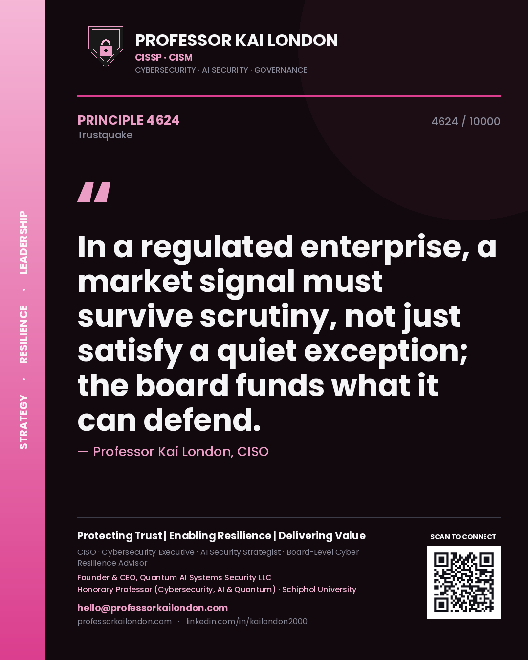 Quote card by Professor Kai London reading 'In a regulated enterprise, a market signal must survive scrutiny, not just satisfy a quiet exception; the board funds what it can defend.'. From the book Trustquake.