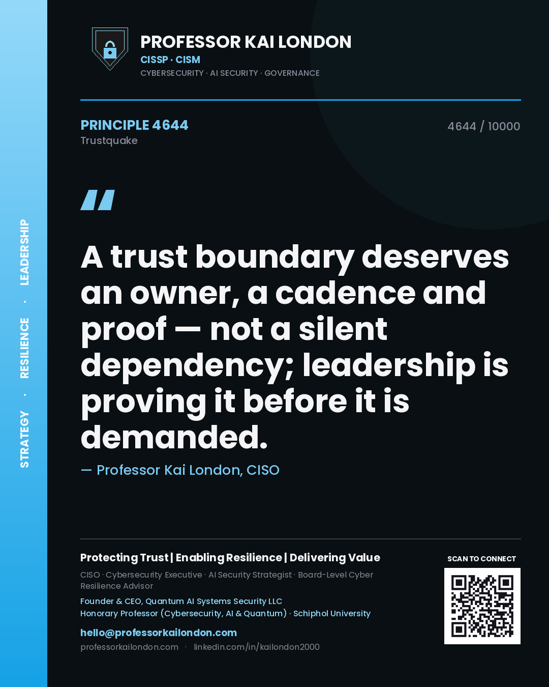 Quote card by Professor Kai London reading 'A trust boundary deserves an owner, a cadence and proof — not a silent dependency; leadership is proving it before it is demanded.'. From the book Trustquake.