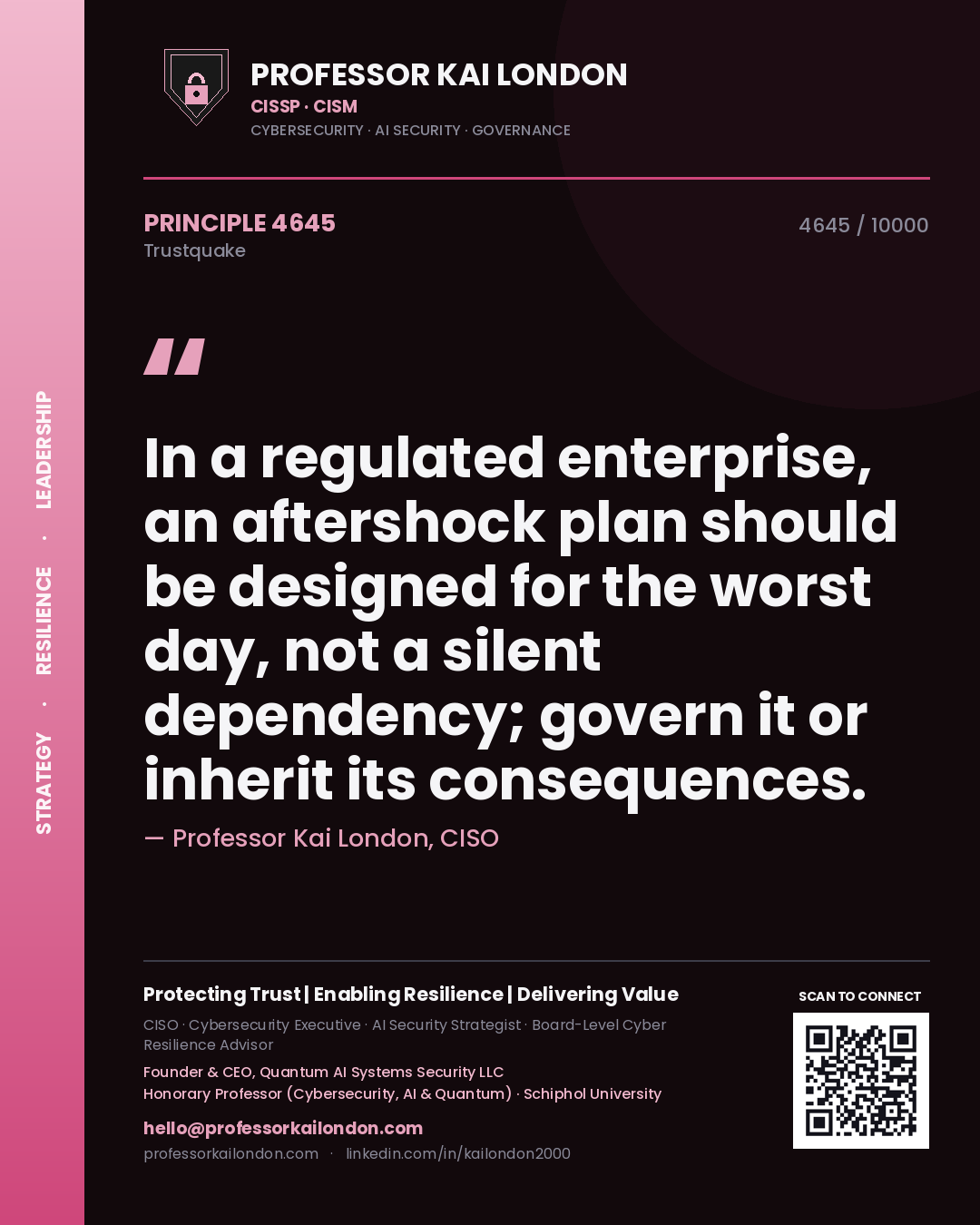 Professor Kai London principle 4645: In a regulated enterprise, an aftershock plan should be designed for the worst day, not a silent dependency; govern it or inherit its consequences.
