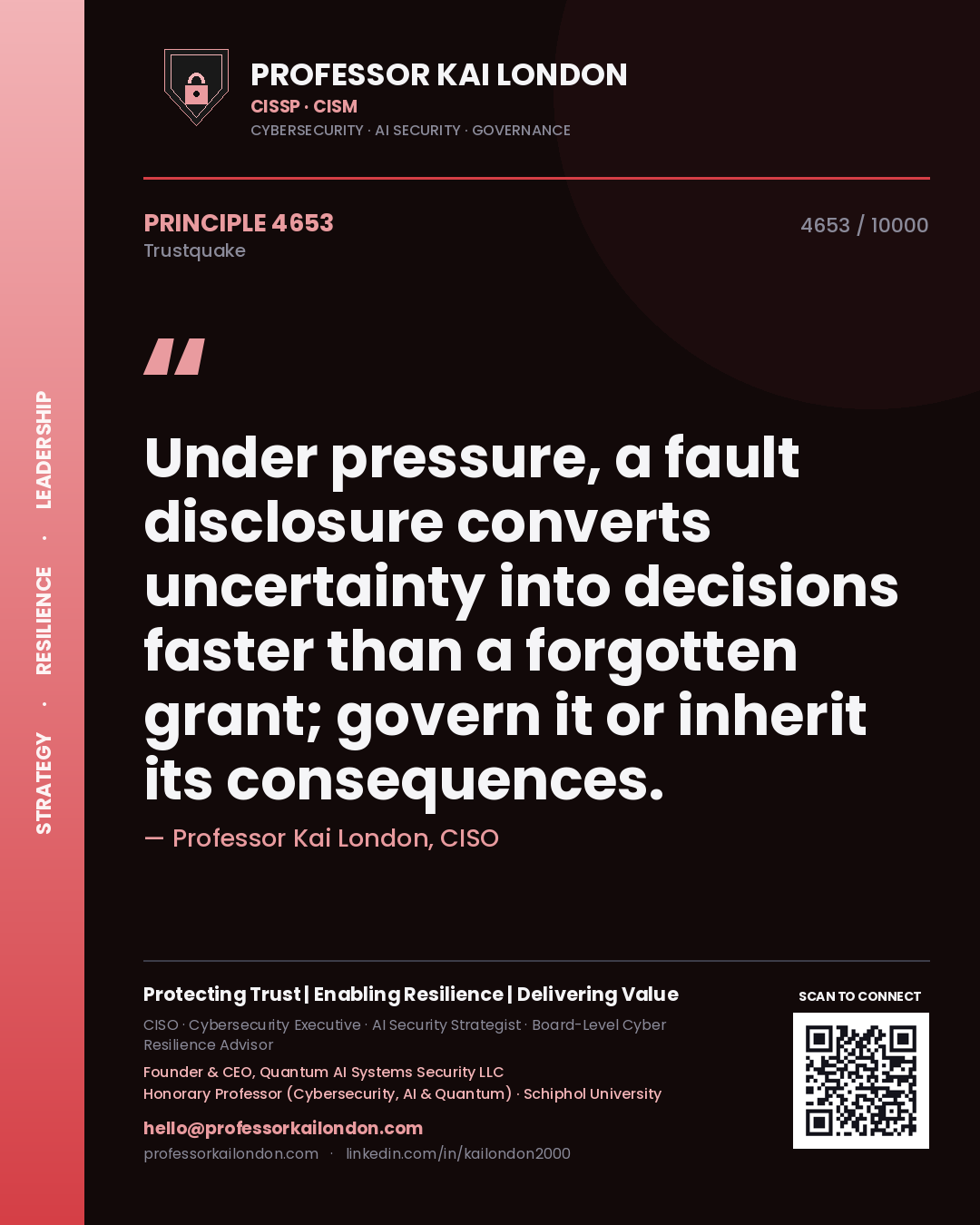 Professor Kai London principle 4653: Under pressure, a fault disclosure converts uncertainty into decisions faster than a forgotten grant; govern it or inherit its consequences.