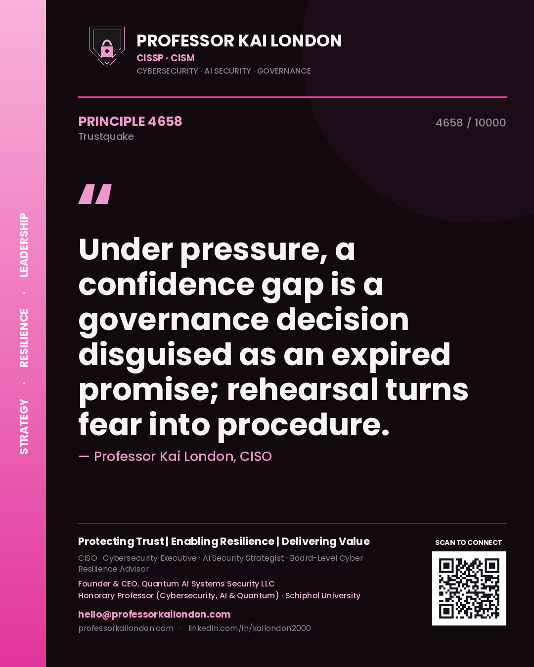 Quote card by Professor Kai London reading 'Under pressure, a confidence gap is a governance decision disguised as an expired promise; rehearsal turns fear into procedure.'. From the book Trustquake.