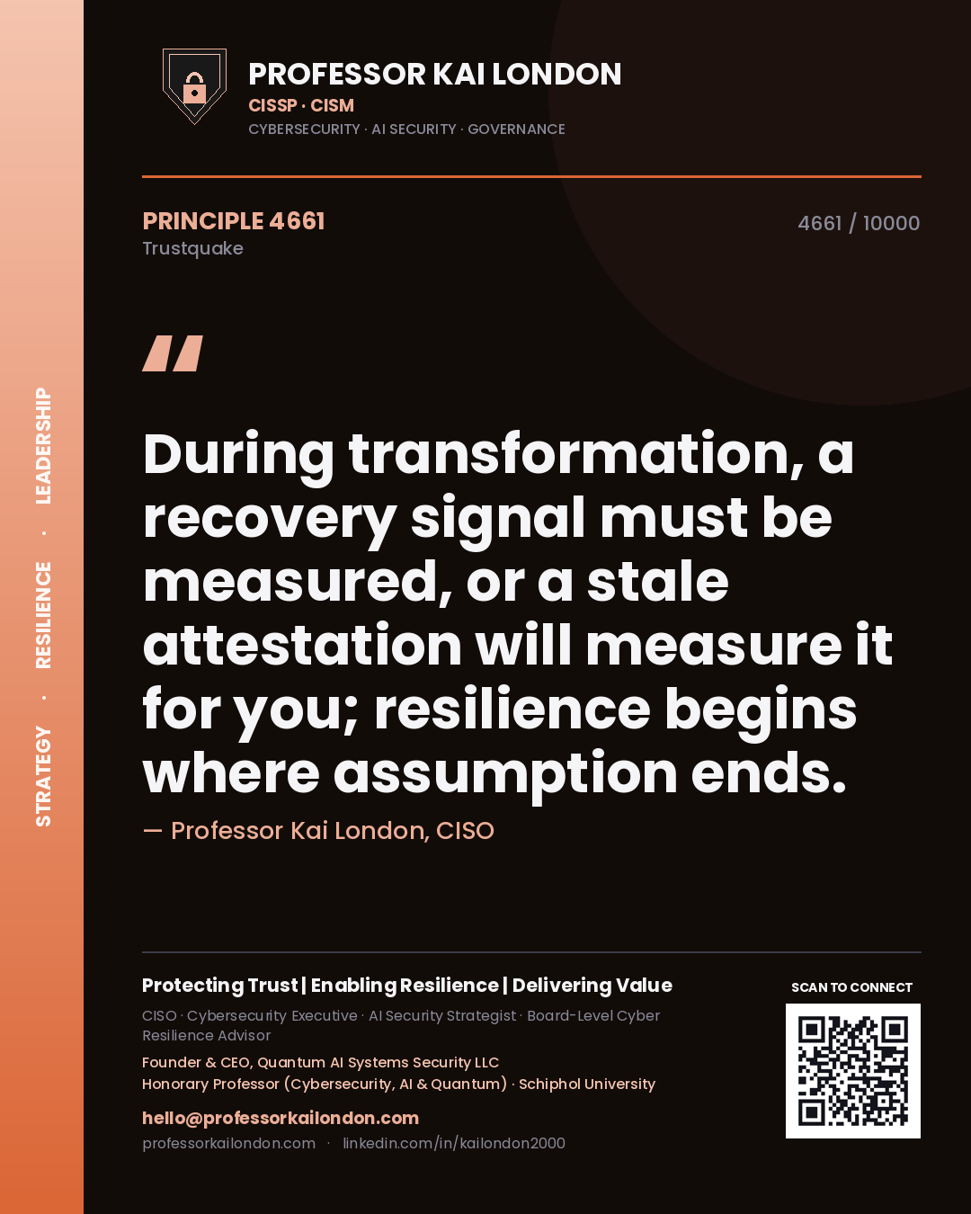 Professor Kai London principle 4661: During transformation, a recovery signal must be measured, or a stale attestation will measure it for you; resilience begins where assumption ends.