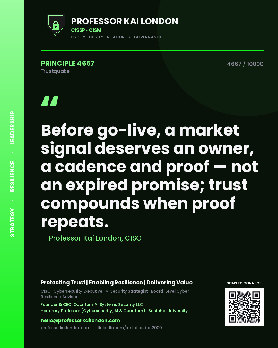 Quote card by Professor Kai London reading 'Before go-live, a market signal deserves an owner, a cadence and proof — not an expired promise; trust compounds when proof repeats.'. From the book Trustquake.