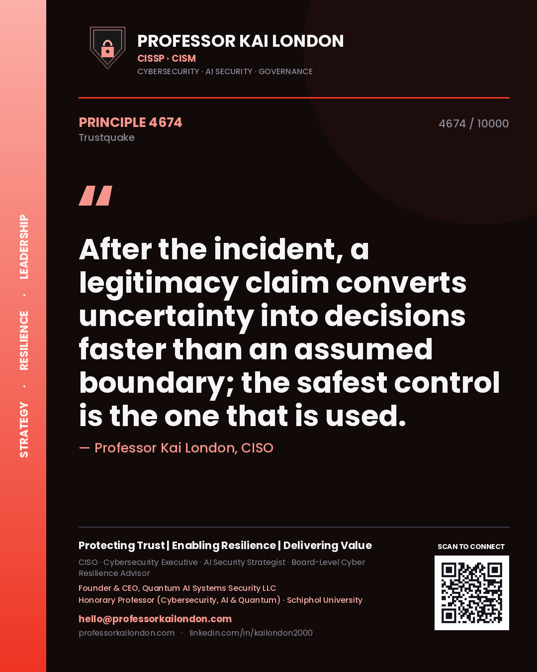 Quote card by Professor Kai London reading 'After the incident, a legitimacy claim converts uncertainty into decisions faster than an assumed boundary; the safest control is the one that is used.'. From the book Trustquake.