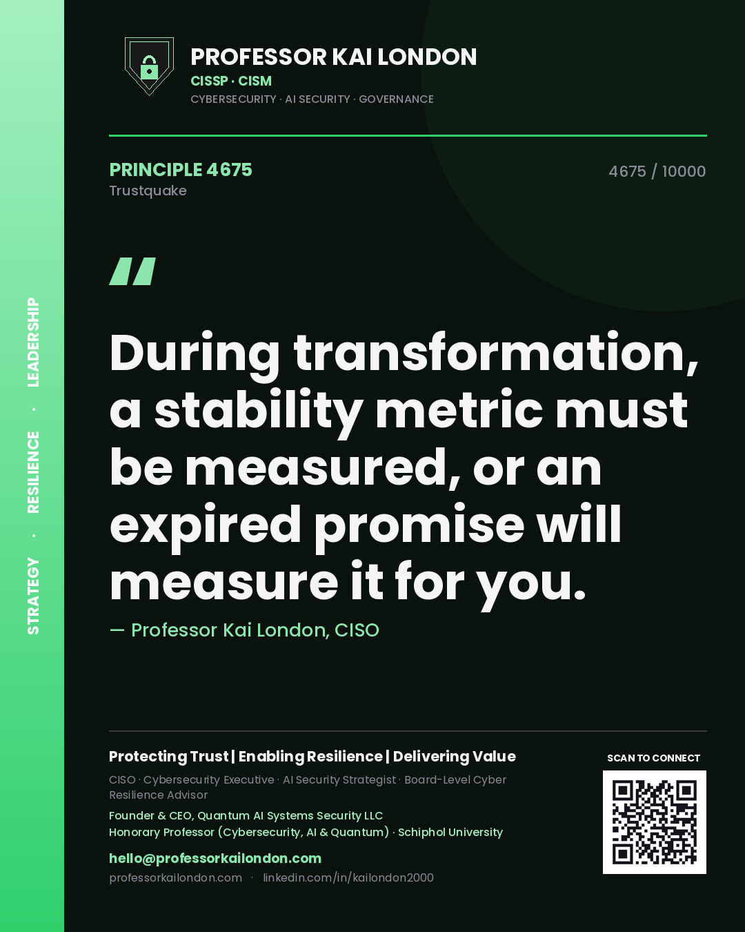 Quote card by Professor Kai London reading 'During transformation, a stability metric must be measured, or an expired promise will measure it for you.'. From the book Trustquake.