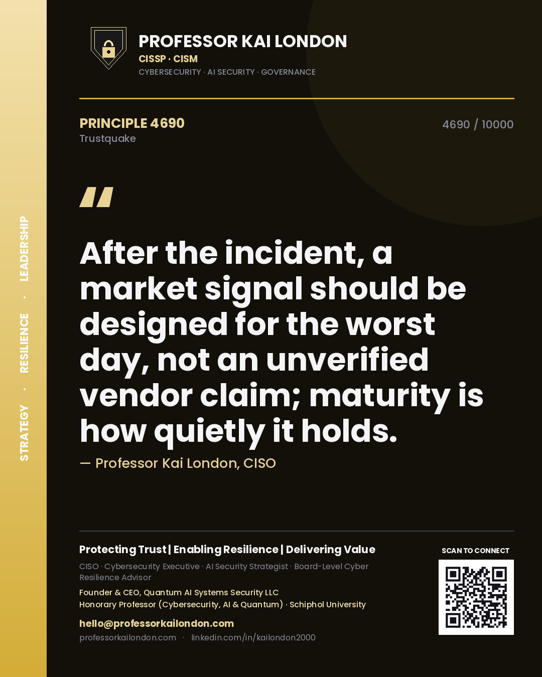 Quote card by Professor Kai London reading 'After the incident, a market signal should be designed for the worst day, not an unverified vendor claim; maturity is how quietly it holds.'. From the book Trustquake.