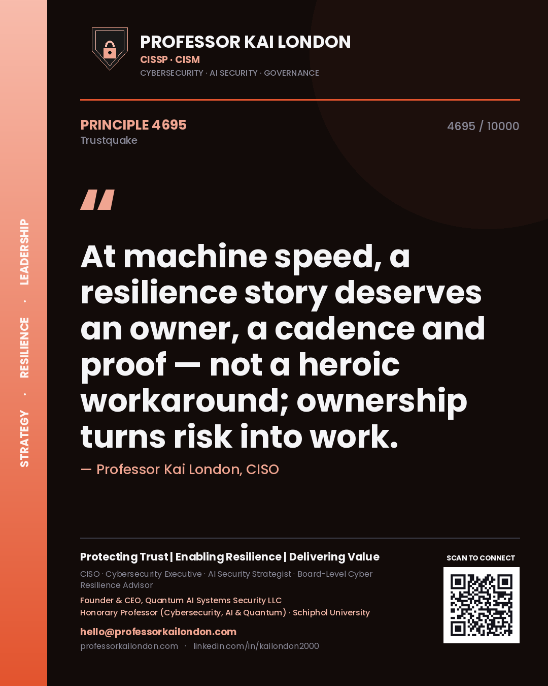 Quote card by Professor Kai London reading 'At machine speed, a resilience story deserves an owner, a cadence and proof — not a heroic workaround; ownership turns risk into work.'. From the book Trustquake.