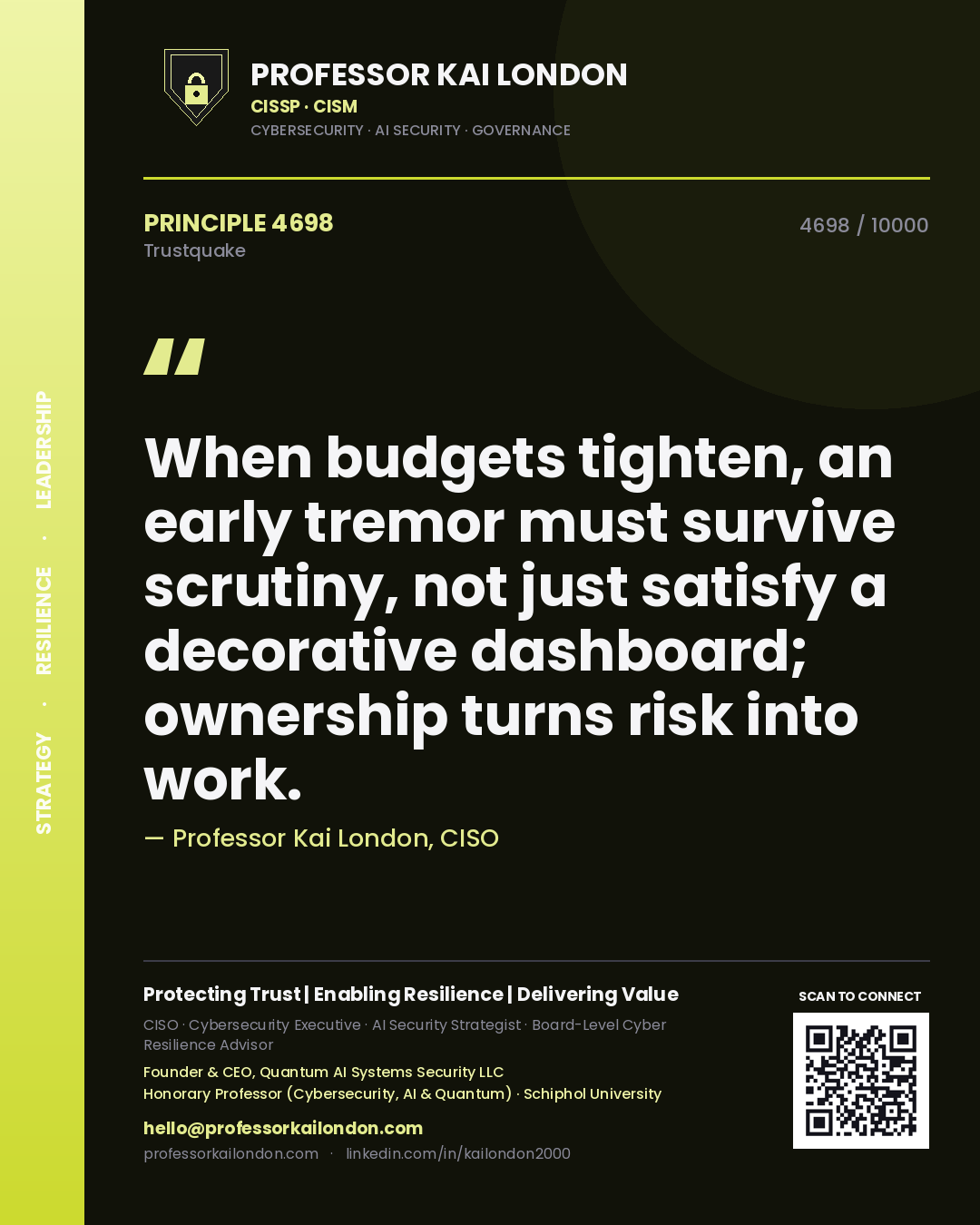Quote card by Professor Kai London reading 'When budgets tighten, an early tremor must survive scrutiny, not just satisfy a decorative dashboard; ownership turns risk into work.'. From the book Trustquake.