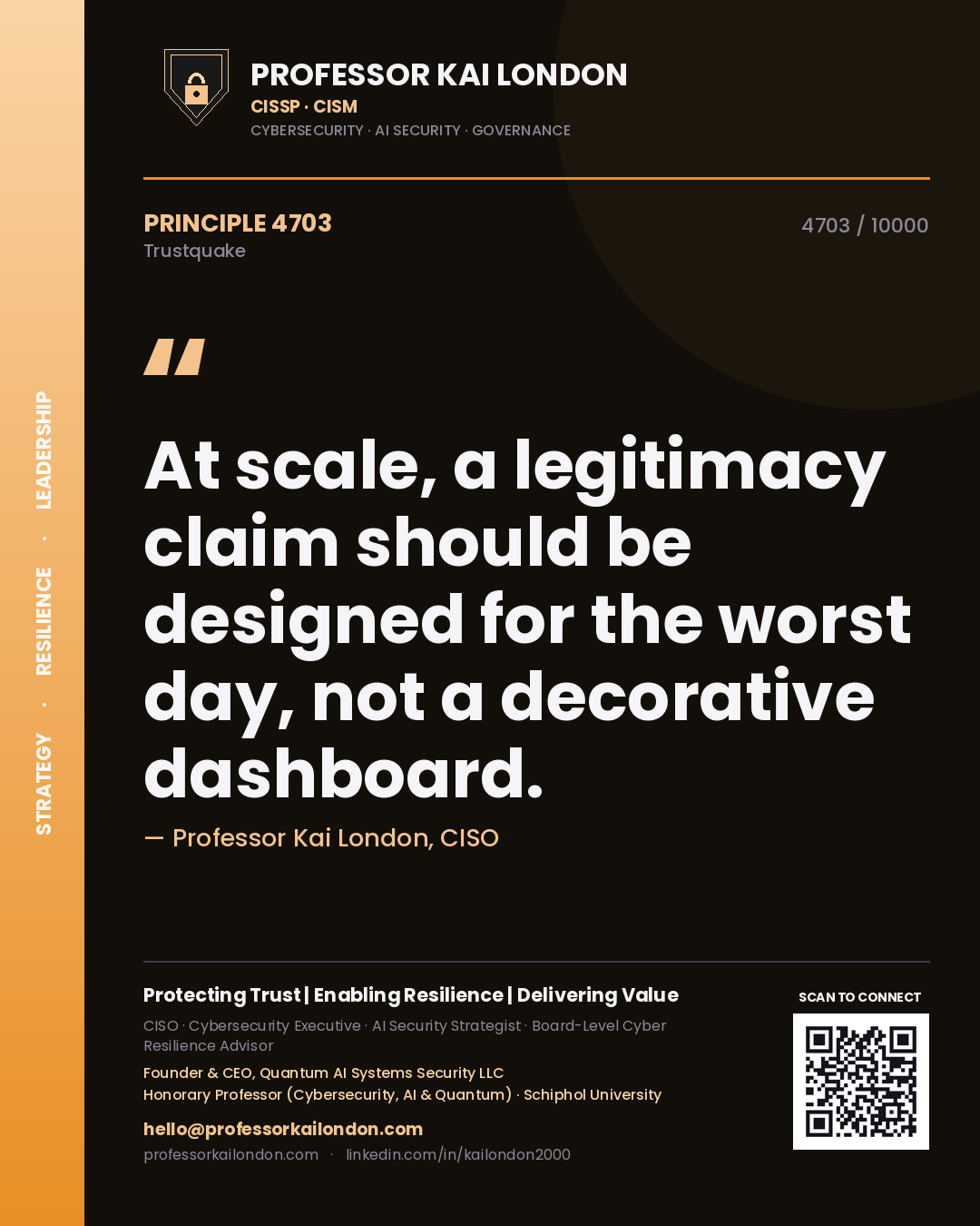 Quote card by Professor Kai London reading 'At scale, a legitimacy claim should be designed for the worst day, not a decorative dashboard.'. From the book Trustquake.