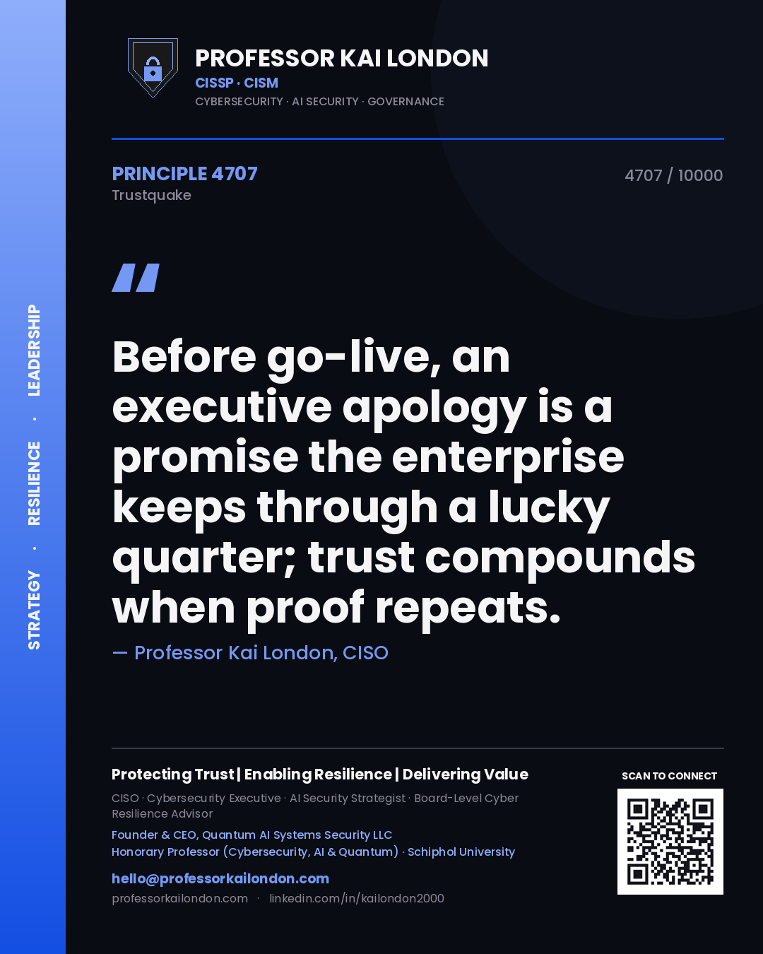 Quote card by Professor Kai London reading 'Before go-live, an executive apology is a promise the enterprise keeps through a lucky quarter; trust compounds when proof repeats.'. From the book Trustquake.