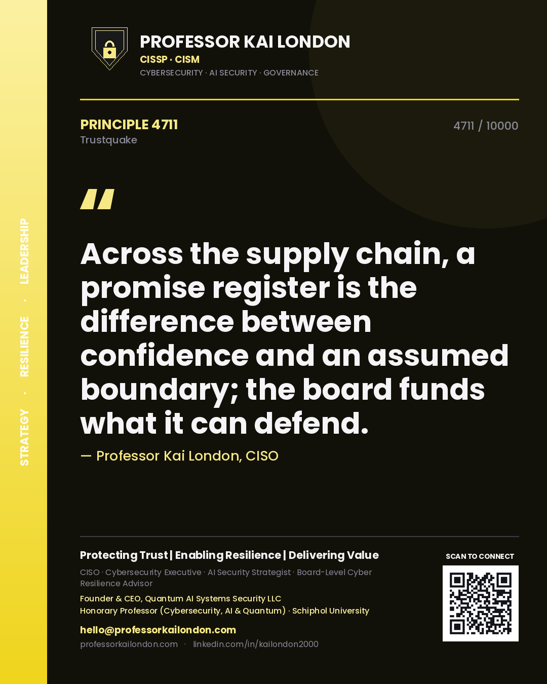 Quote card by Professor Kai London reading 'Across the supply chain, a promise register is the difference between confidence and an assumed boundary; the board funds what it can defend.'. From the book Trustquake.