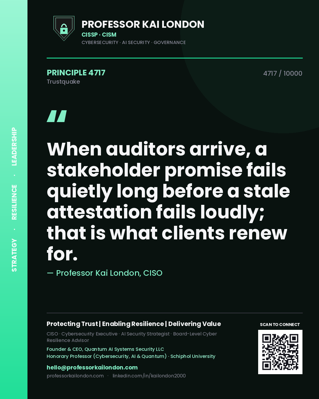 Professor Kai London principle 4717: When auditors arrive, a stakeholder promise fails quietly long before a stale attestation fails loudly; that is what clients renew for.