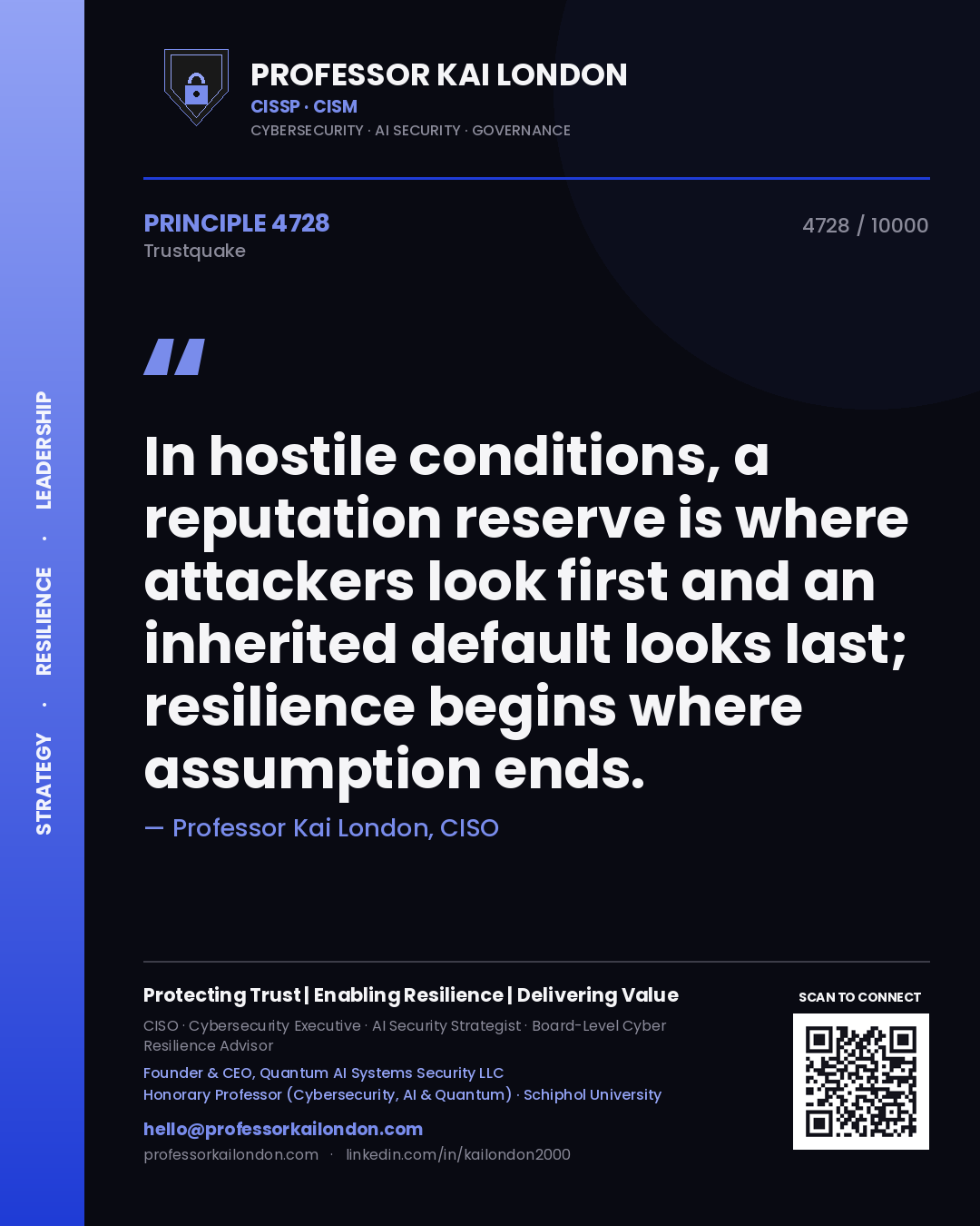 Professor Kai London principle 4728: In hostile conditions, a reputation reserve is where attackers look first and an inherited default looks last; resilience begins where assumption ends.