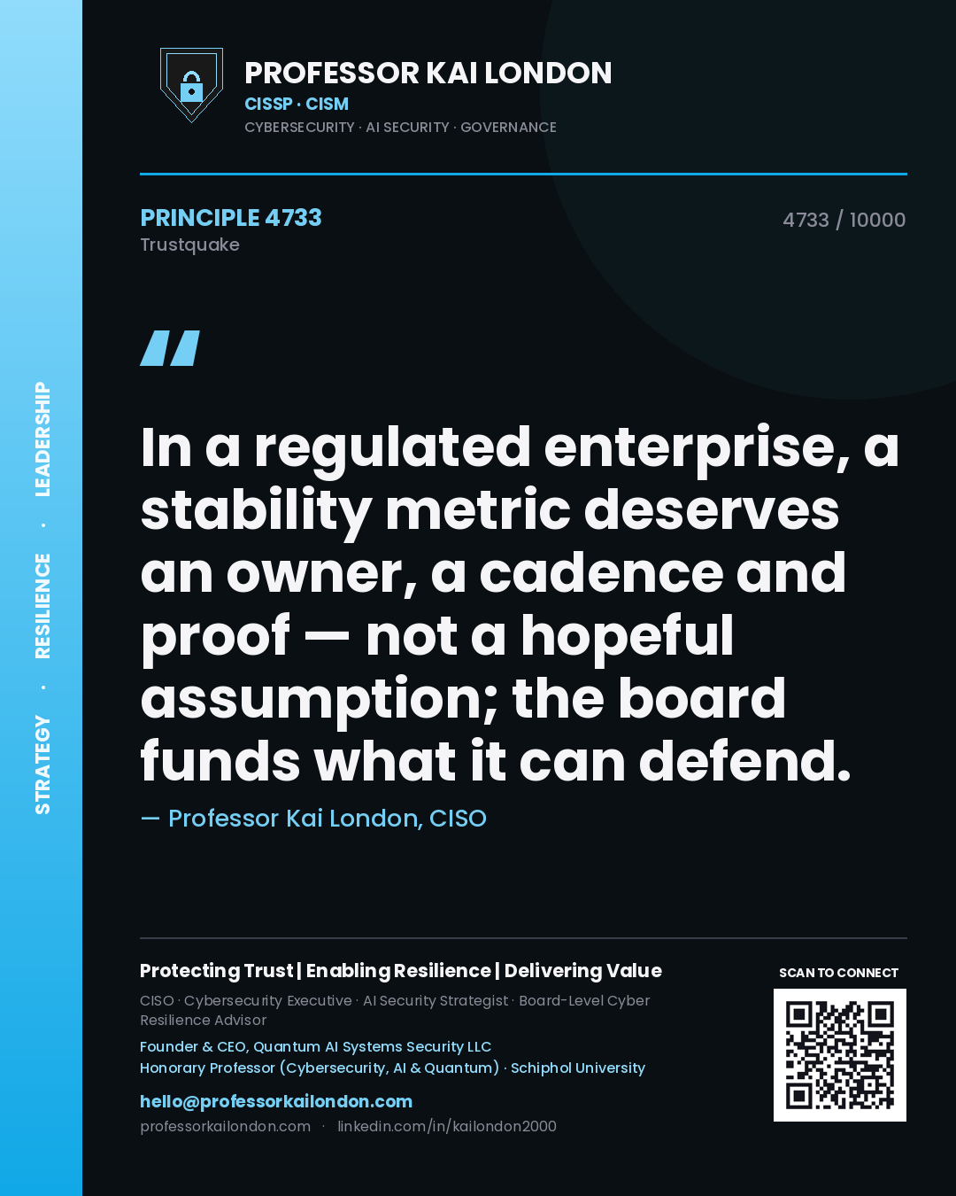 Professor Kai London principle 4733: In a regulated enterprise, a stability metric deserves an owner, a cadence and proof — not a hopeful assumption; the board funds what it can defend.