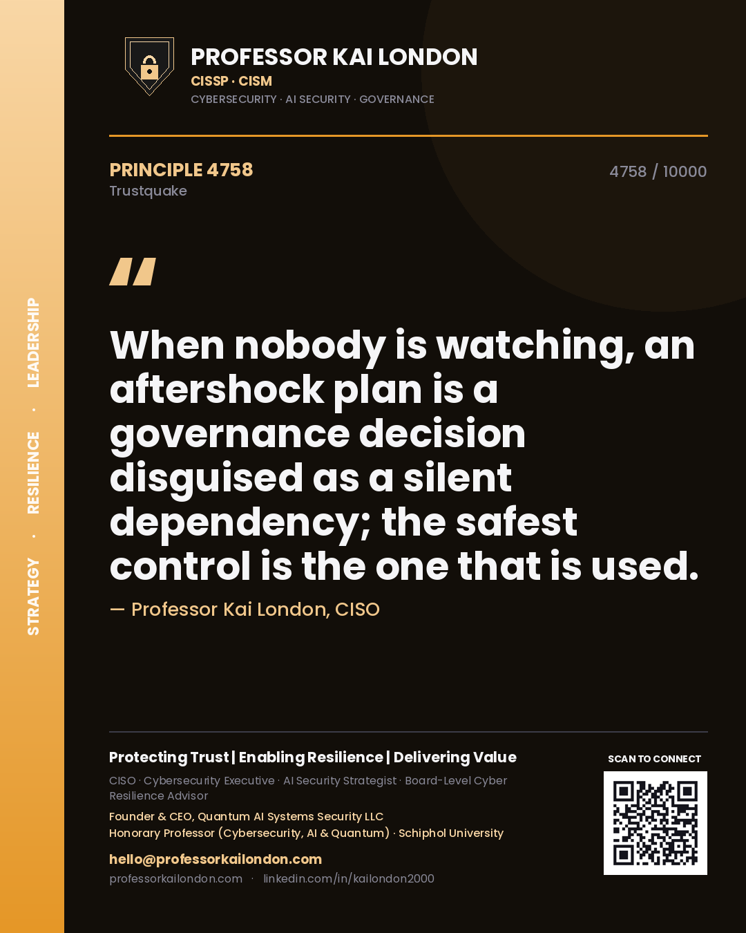 Quote card by Professor Kai London reading 'When nobody is watching, an aftershock plan is a governance decision disguised as a silent dependency; the safest control is the one that is used.'. From the book Trustquake.