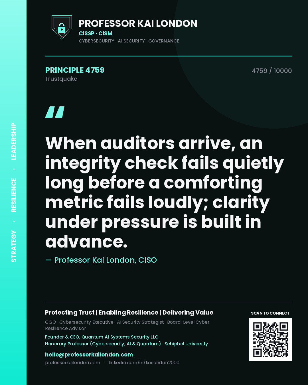 Quote card by Professor Kai London reading 'When auditors arrive, an integrity check fails quietly long before a comforting metric fails loudly; clarity under pressure is built in advance.'. From the book Trustquake.
