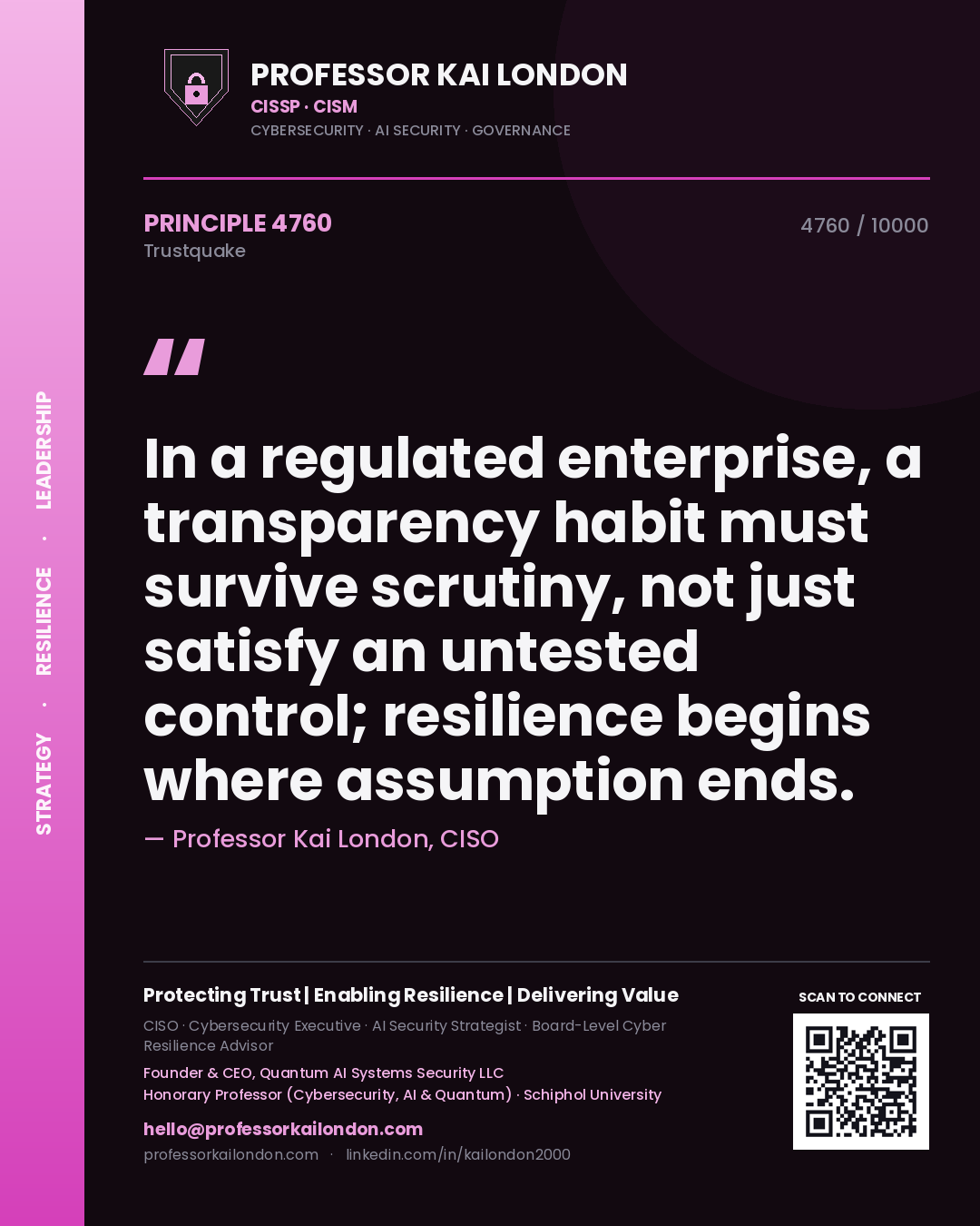 Professor Kai London principle 4760: In a regulated enterprise, a transparency habit must survive scrutiny, not just satisfy an untested control; resilience begins where assumption ends.