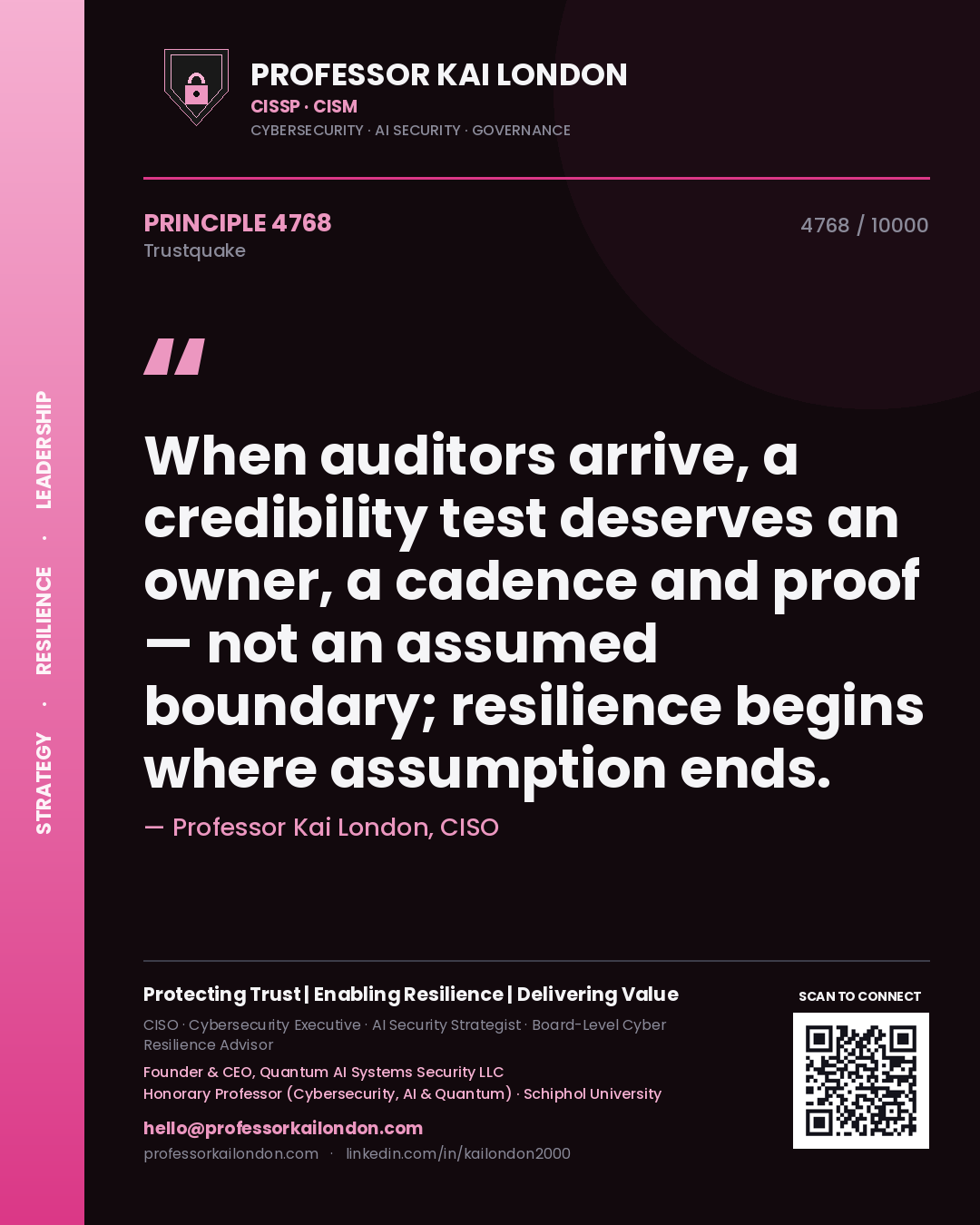 Quote card by Professor Kai London reading 'When auditors arrive, a credibility test deserves an owner, a cadence and proof — not an assumed boundary; resilience begins where assumption ends.'. From the book Trustquake.