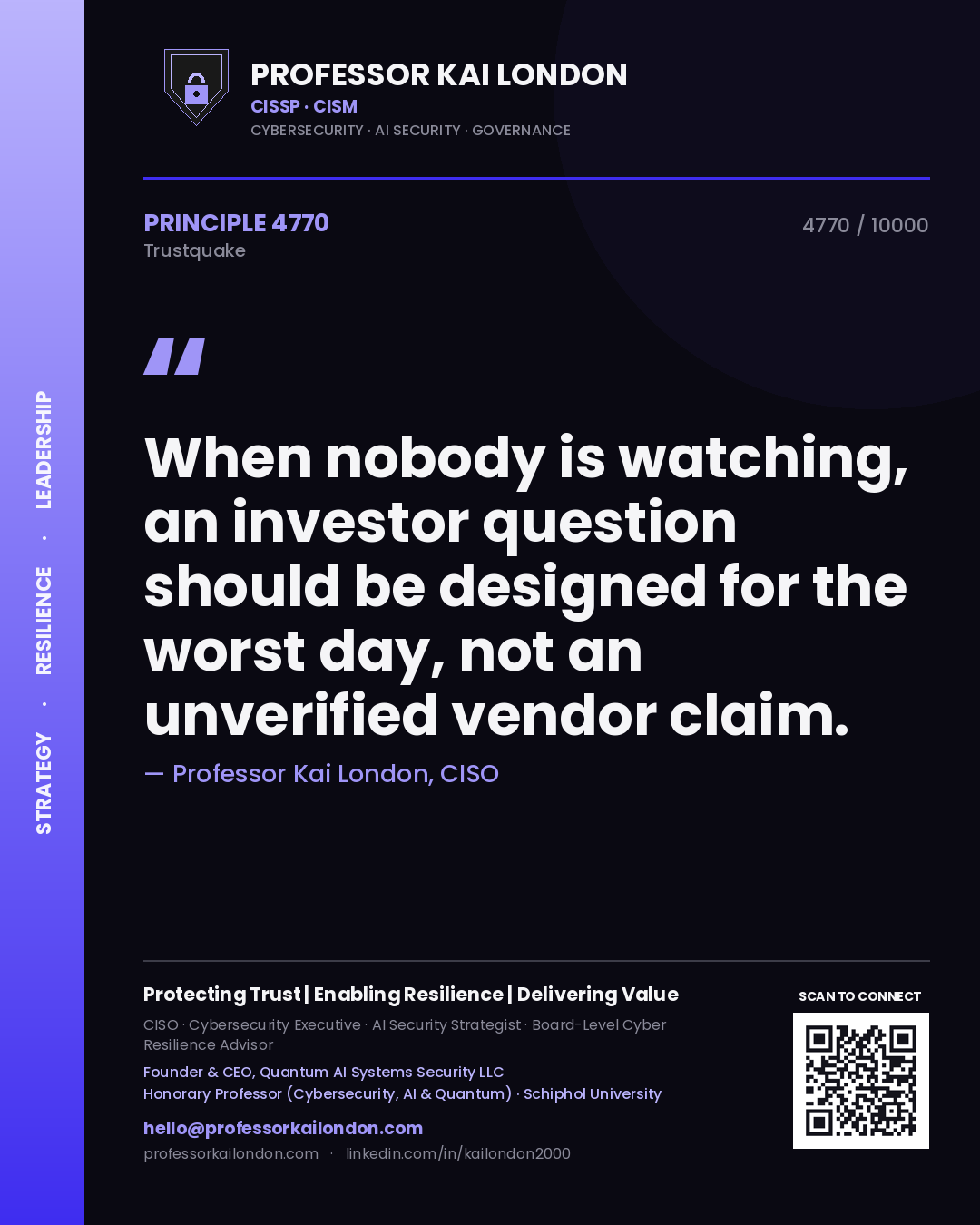 Quote card by Professor Kai London reading 'When nobody is watching, an investor question should be designed for the worst day, not an unverified vendor claim.'. From the book Trustquake.