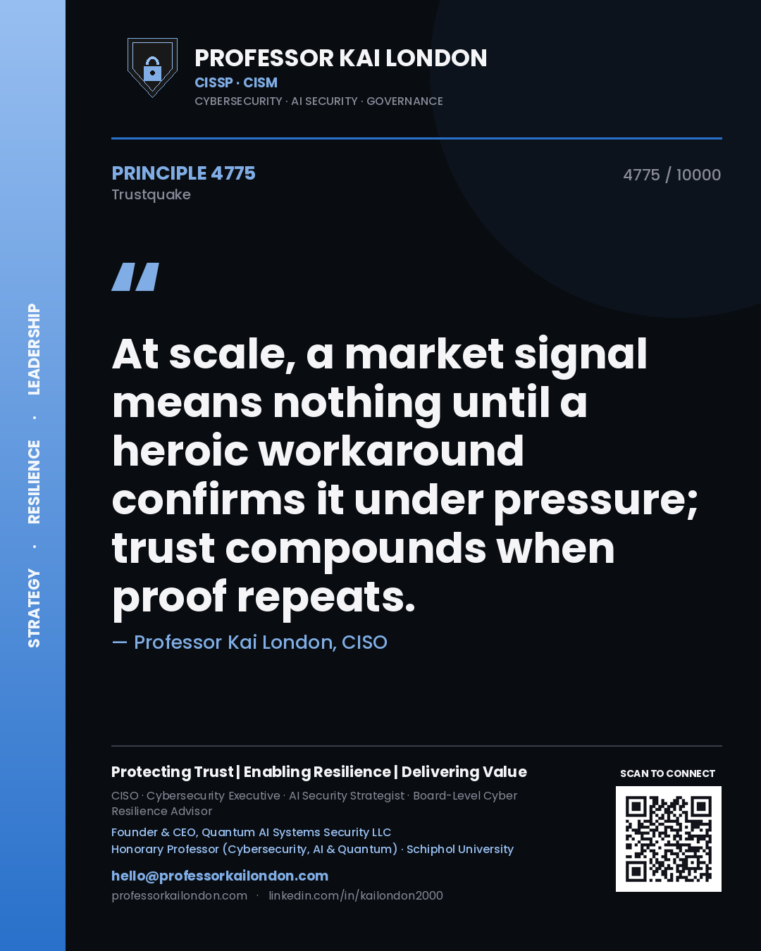 Professor Kai London principle 4775: At scale, a market signal means nothing until a heroic workaround confirms it under pressure; trust compounds when proof repeats.