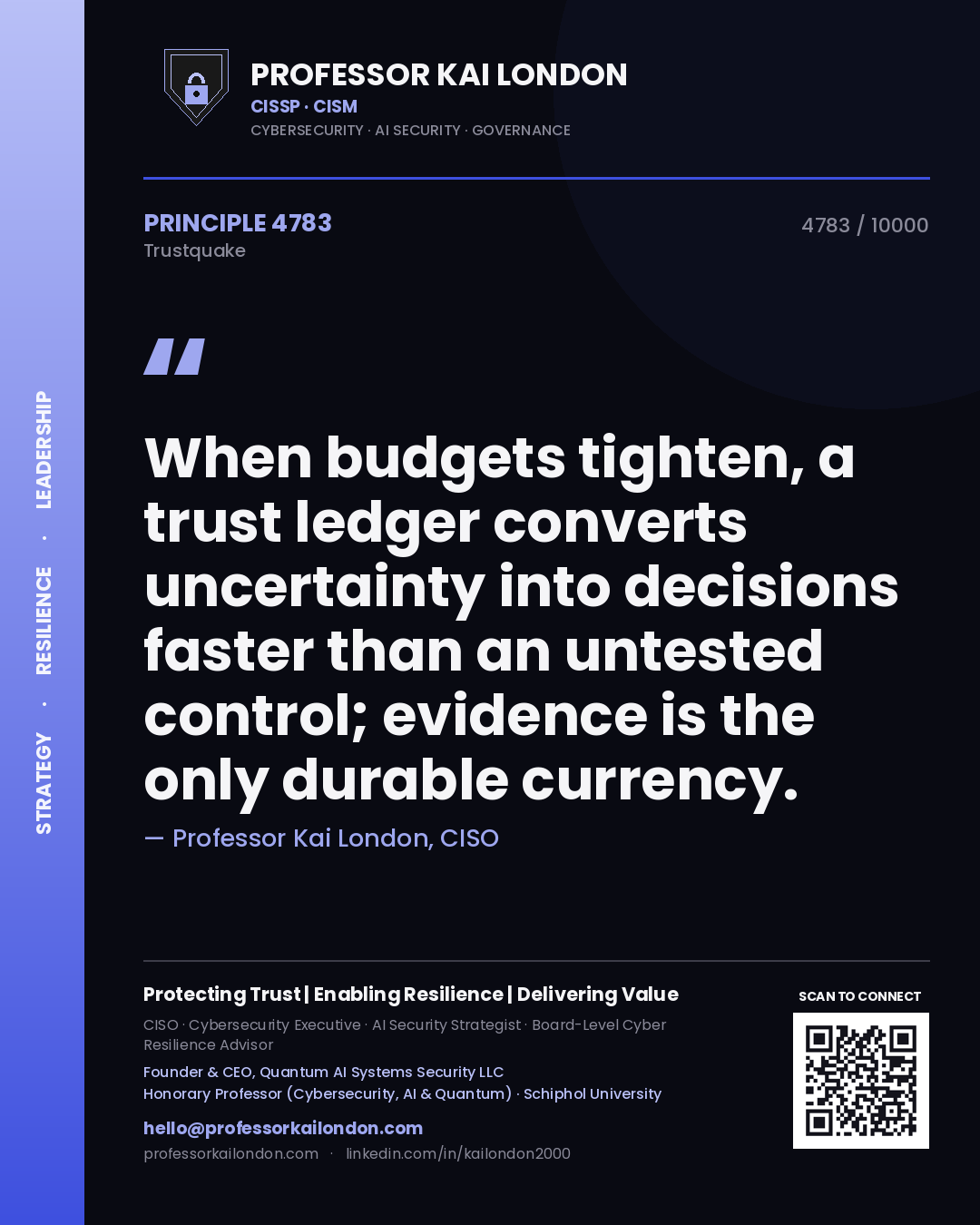 Professor Kai London principle 4783: When budgets tighten, a trust ledger converts uncertainty into decisions faster than an untested control; evidence is the only durable currency.