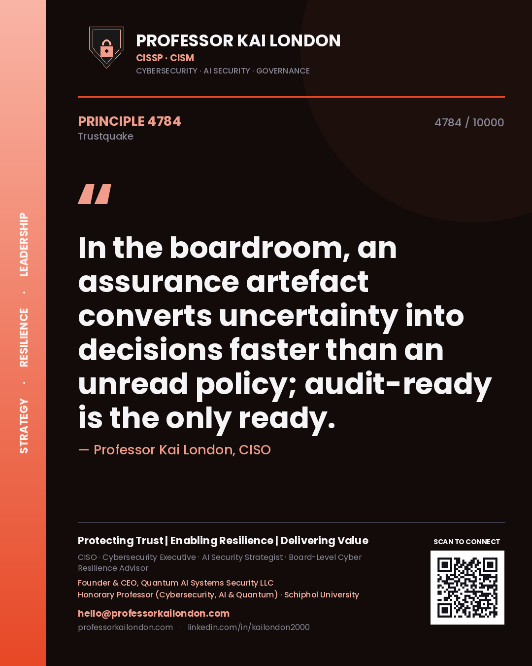 Quote card by Professor Kai London reading 'In the boardroom, an assurance artefact converts uncertainty into decisions faster than an unread policy; audit-ready is the only ready.'. From the book Trustquake.