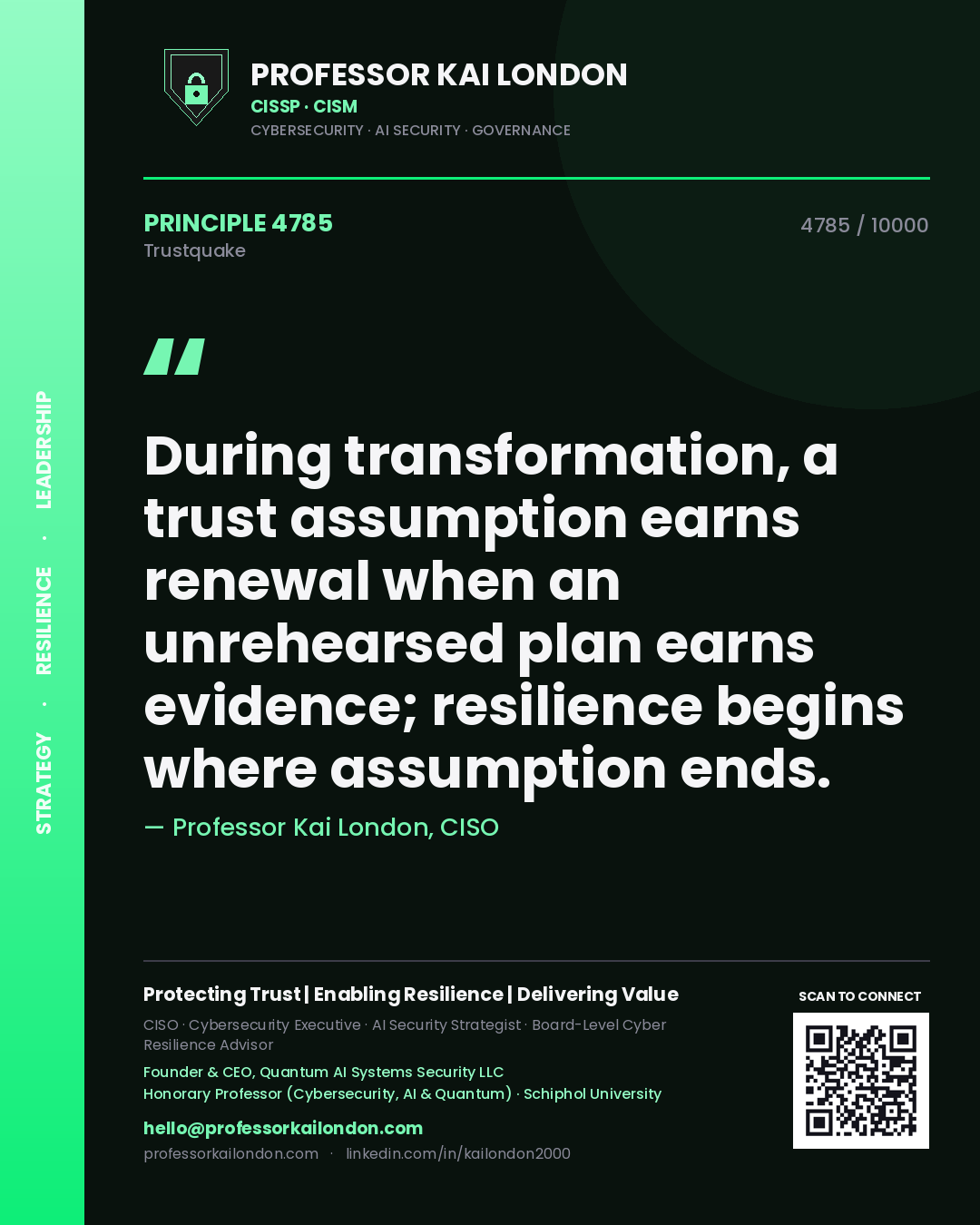 Professor Kai London principle 4785: During transformation, a trust assumption earns renewal when an unrehearsed plan earns evidence; resilience begins where assumption ends.