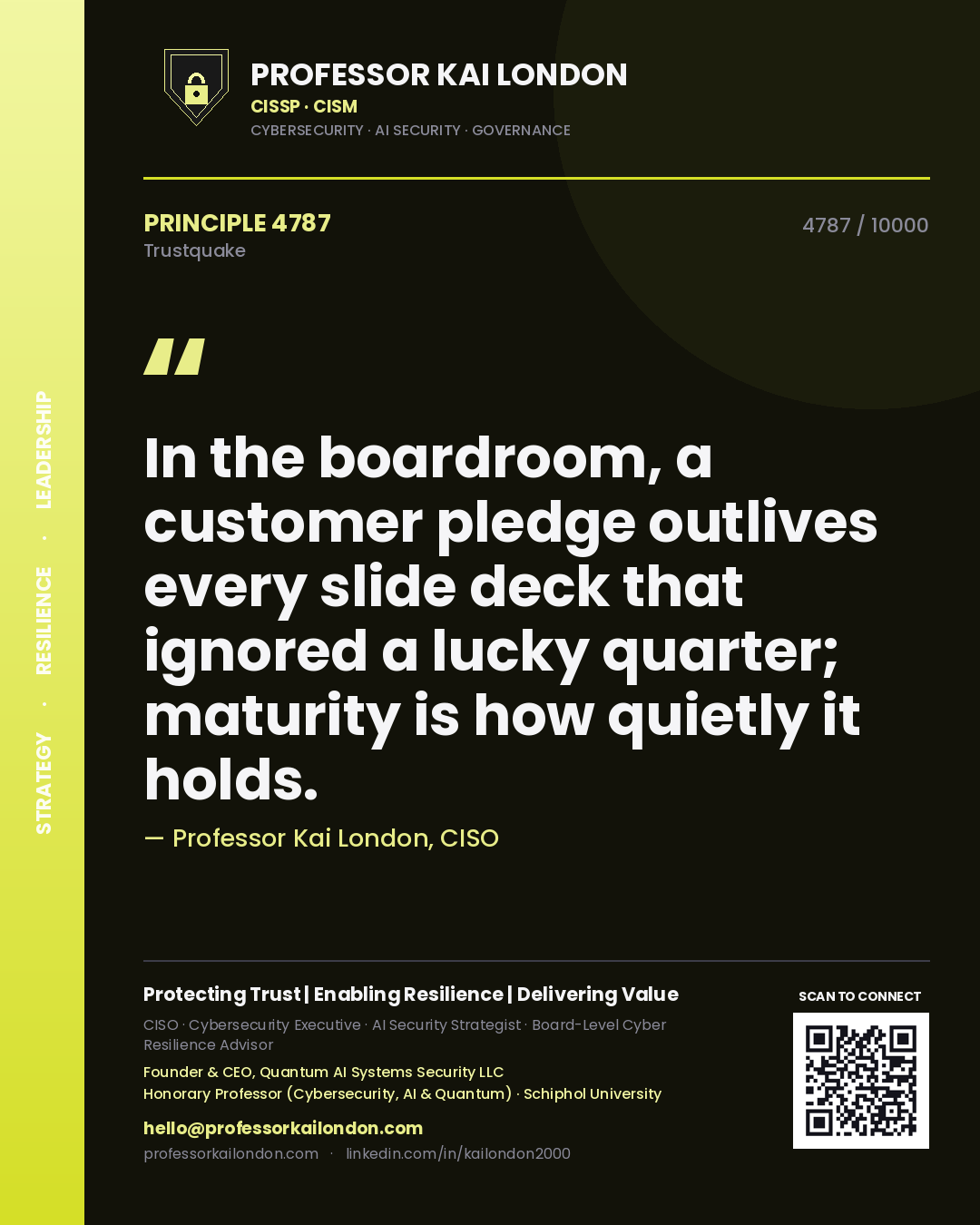 Quote card by Professor Kai London reading 'In the boardroom, a customer pledge outlives every slide deck that ignored a lucky quarter; maturity is how quietly it holds.'. From the book Trustquake.