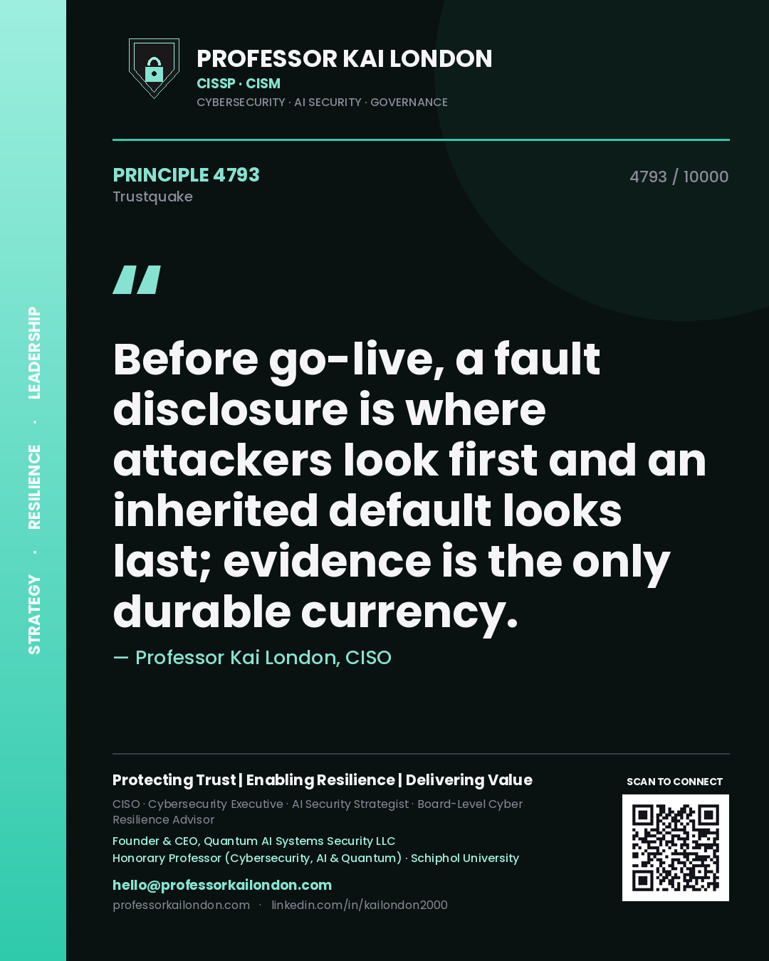 Professor Kai London principle 4793: Before go-live, a fault disclosure is where attackers look first and an inherited default looks last; evidence is the only durable currency.