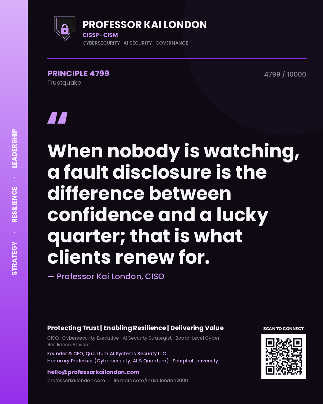 Quote card by Professor Kai London reading 'When nobody is watching, a fault disclosure is the difference between confidence and a lucky quarter; that is what clients renew for.'. From the book Trustquake.