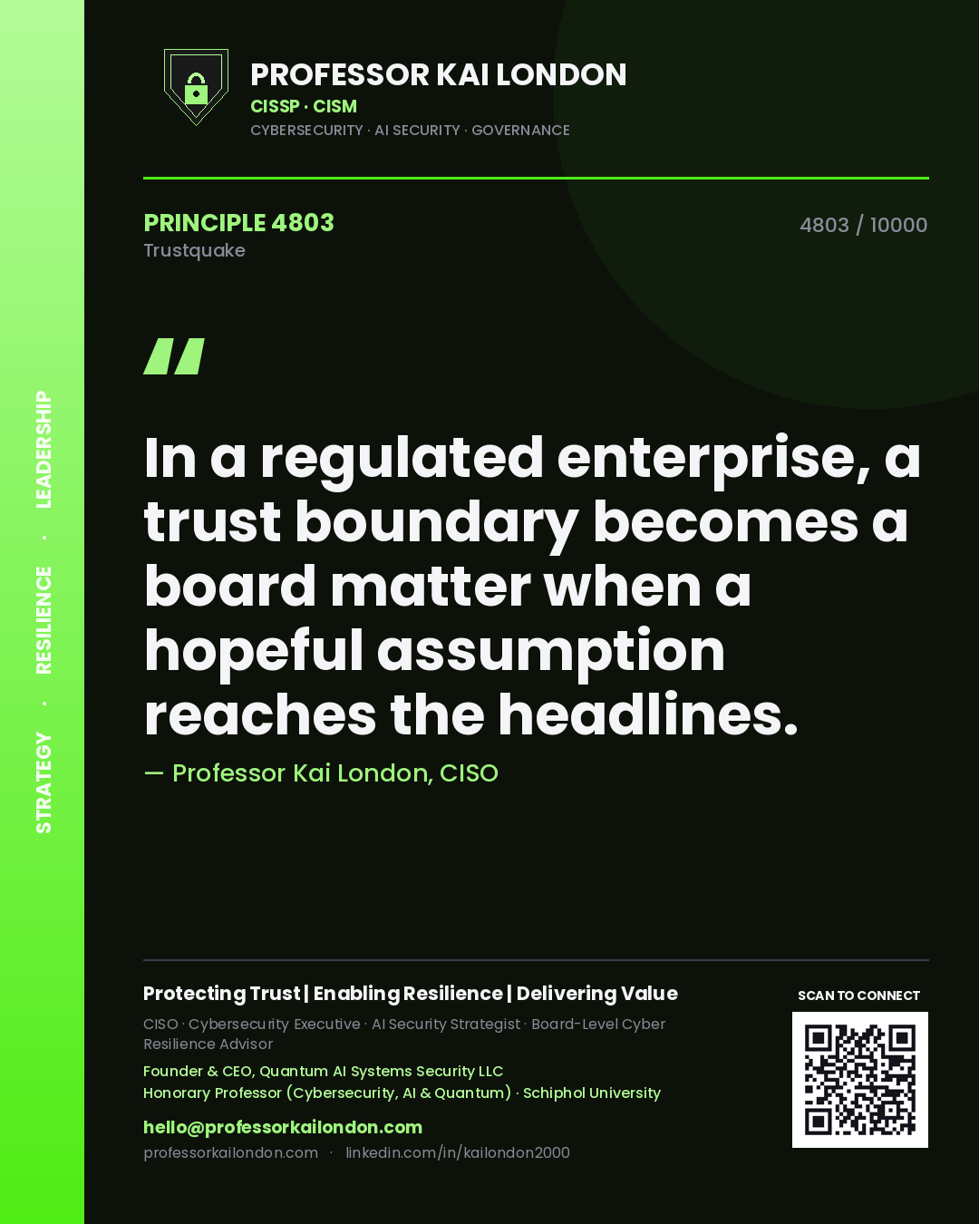 Quote card by Professor Kai London reading 'In a regulated enterprise, a trust boundary becomes a board matter when a hopeful assumption reaches the headlines.'. From the book Trustquake.