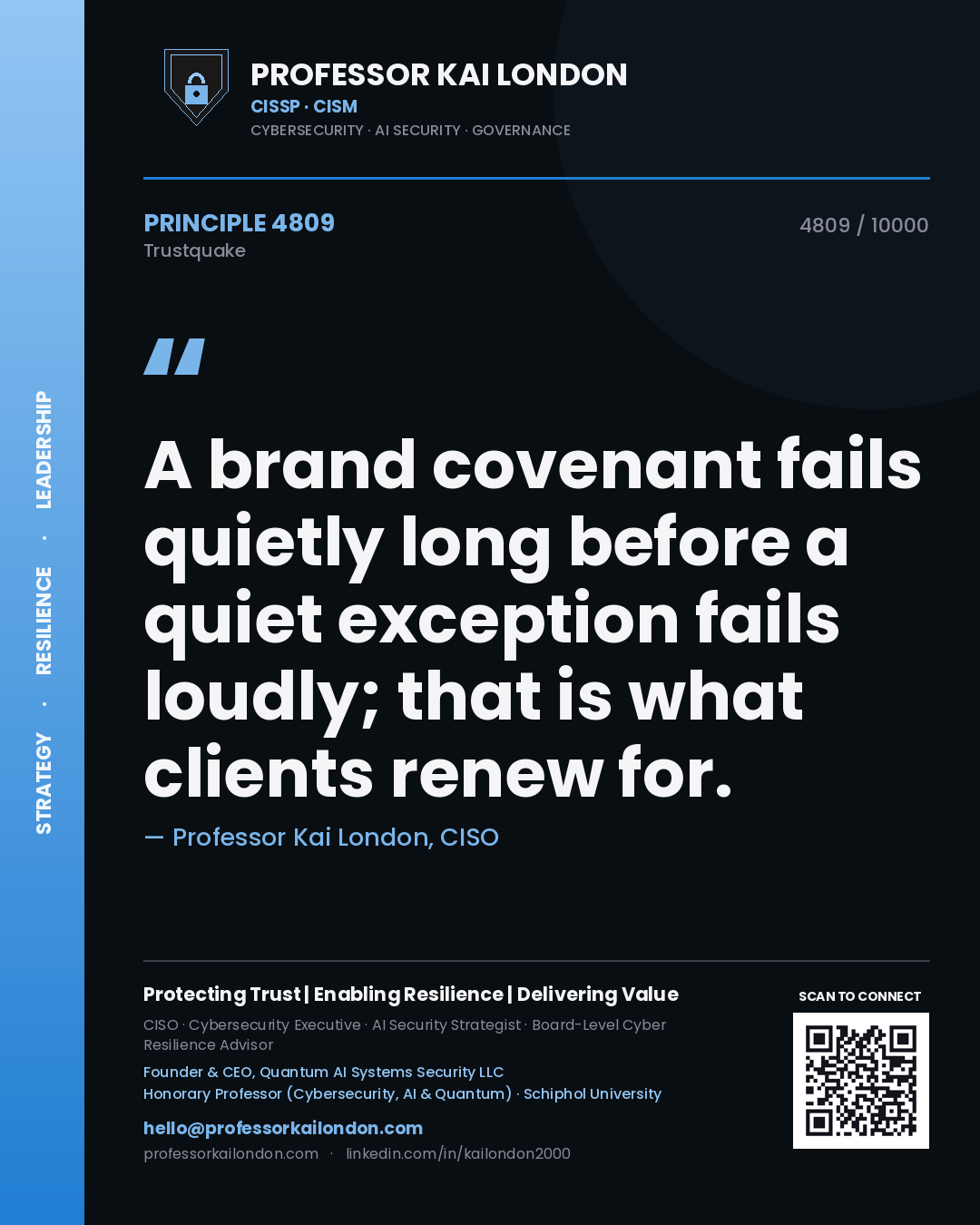 Quote card by Professor Kai London reading 'A brand covenant fails quietly long before a quiet exception fails loudly; that is what clients renew for.'. From the book Trustquake.