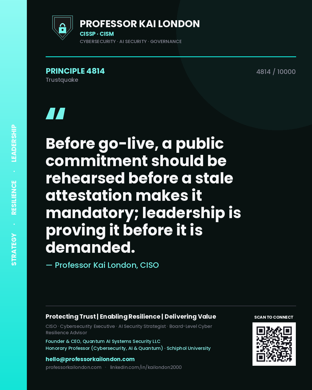 Professor Kai London principle 4814: Before go-live, a public commitment should be rehearsed before a stale attestation makes it mandatory; leadership is proving it before it is demanded.