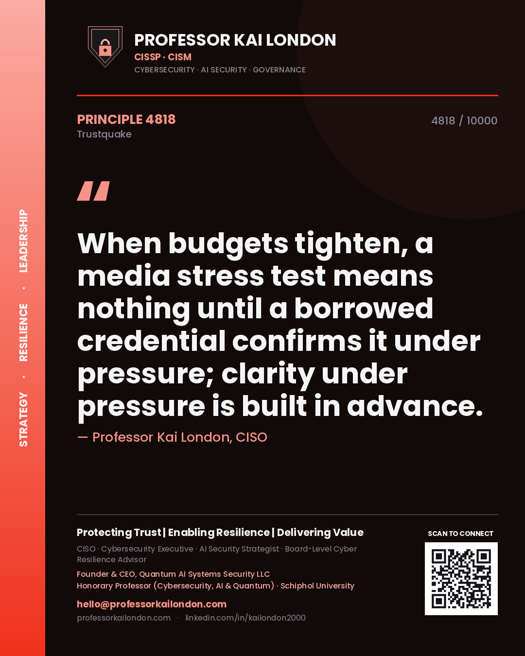 Quote card by Professor Kai London reading 'When budgets tighten, a media stress test means nothing until a borrowed credential confirms it under pressure; clarity under pressure is built in advance.'. From the book Trustquake.