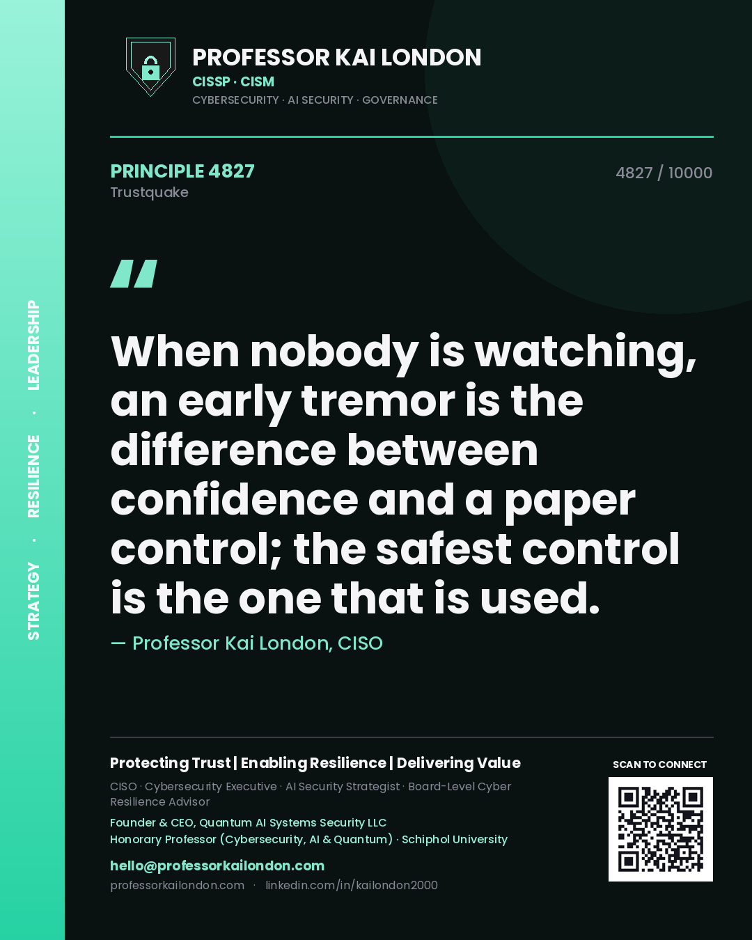 Professor Kai London principle 4827: When nobody is watching, an early tremor is the difference between confidence and a paper control; the safest control is the one that is used.