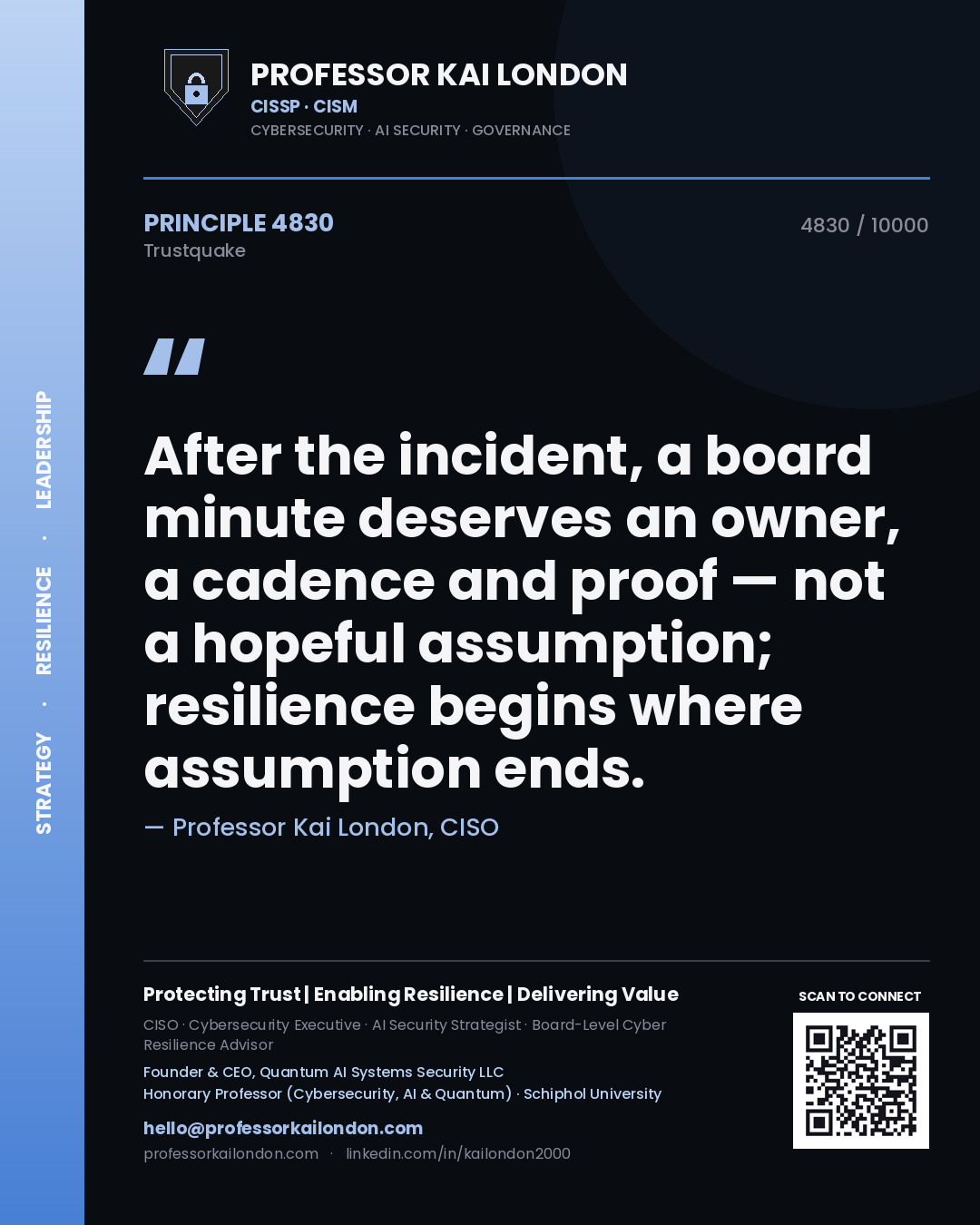Quote card by Professor Kai London reading 'After the incident, a board minute deserves an owner, a cadence and proof — not a hopeful assumption; resilience begins where assumption ends.'. From the book Trustquake.