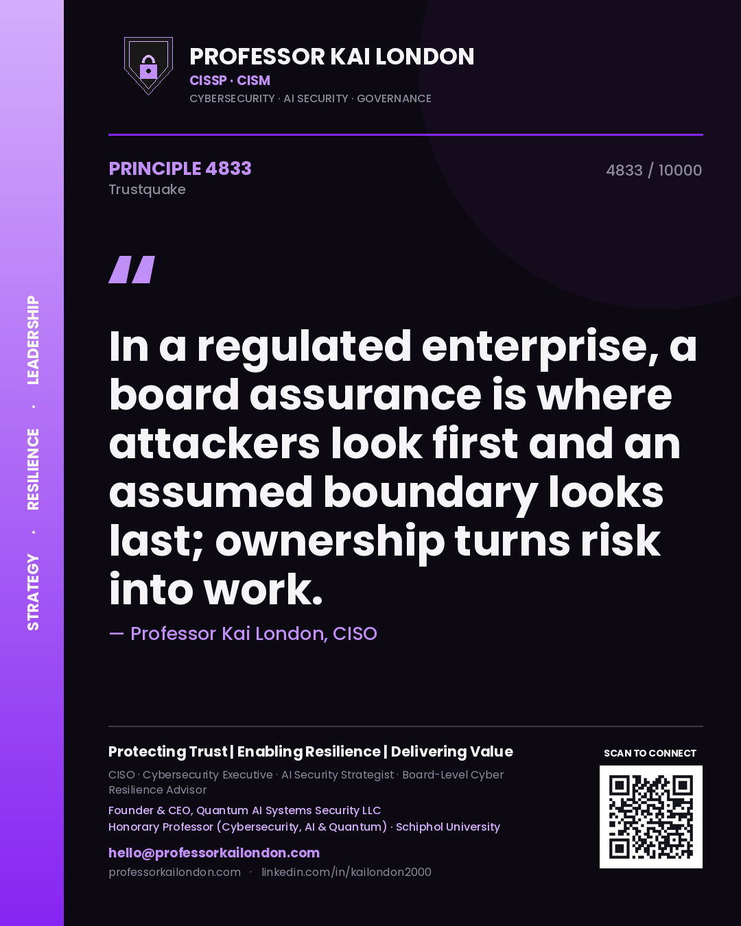 Professor Kai London principle 4833: In a regulated enterprise, a board assurance is where attackers look first and an assumed boundary looks last; ownership turns risk into work.